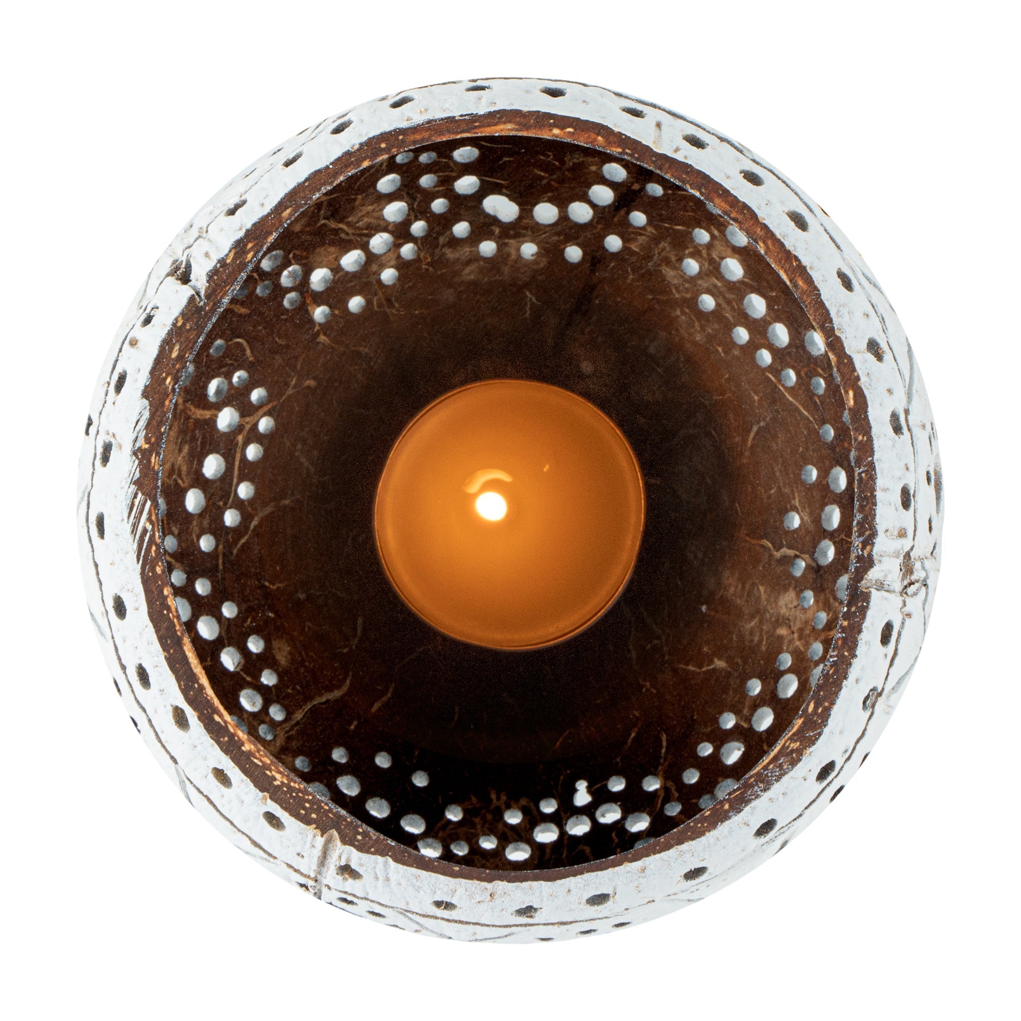 Coco Casa White Handmade Coconut Shell Candle Holder - Sun and Light Pattern - 4" x 4" x 3 1/4" - 10 count box