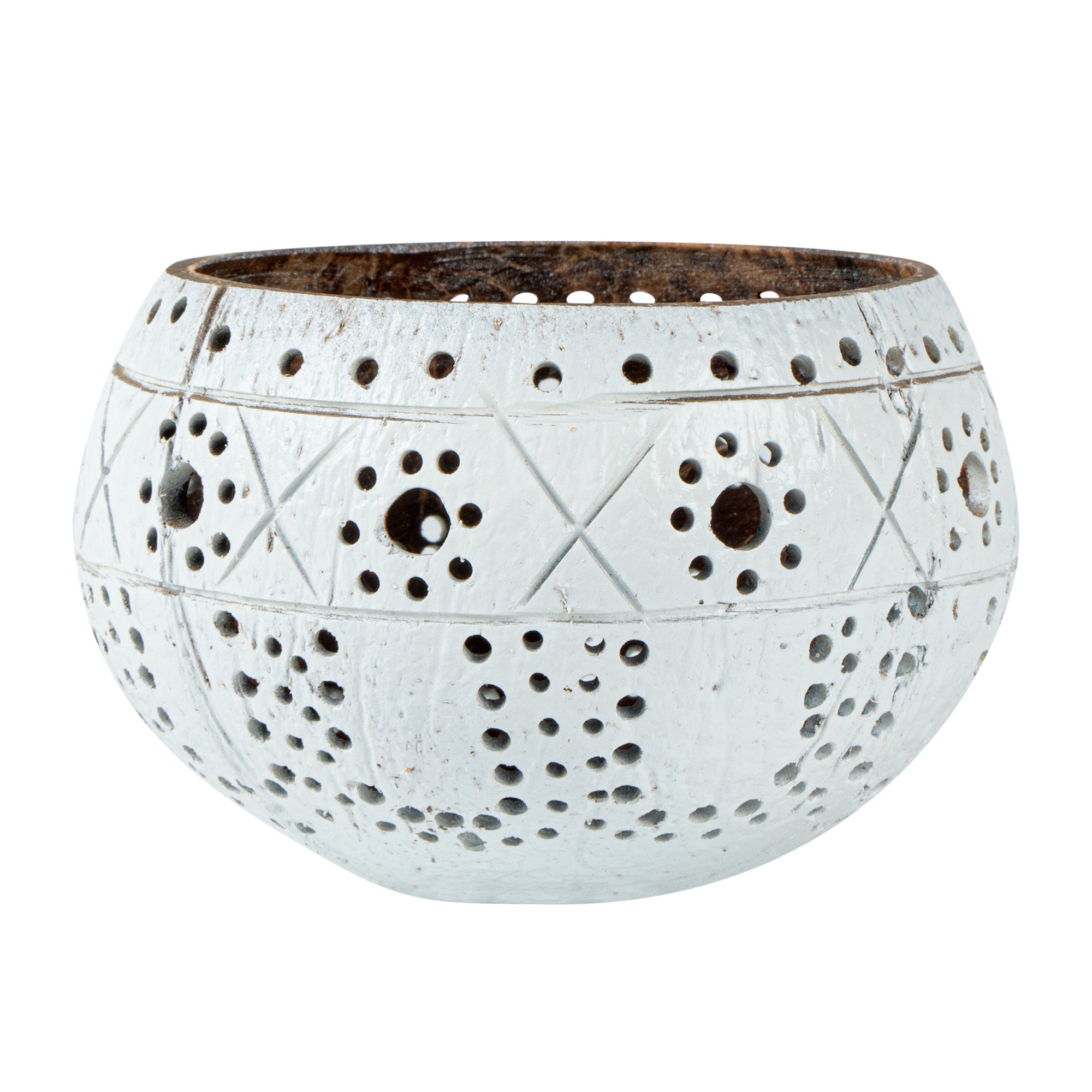 Coco Casa White Handmade Coconut Shell Candle Holder - Sun and Light Pattern - 4" x 4" x 3 1/4" - 10 count box