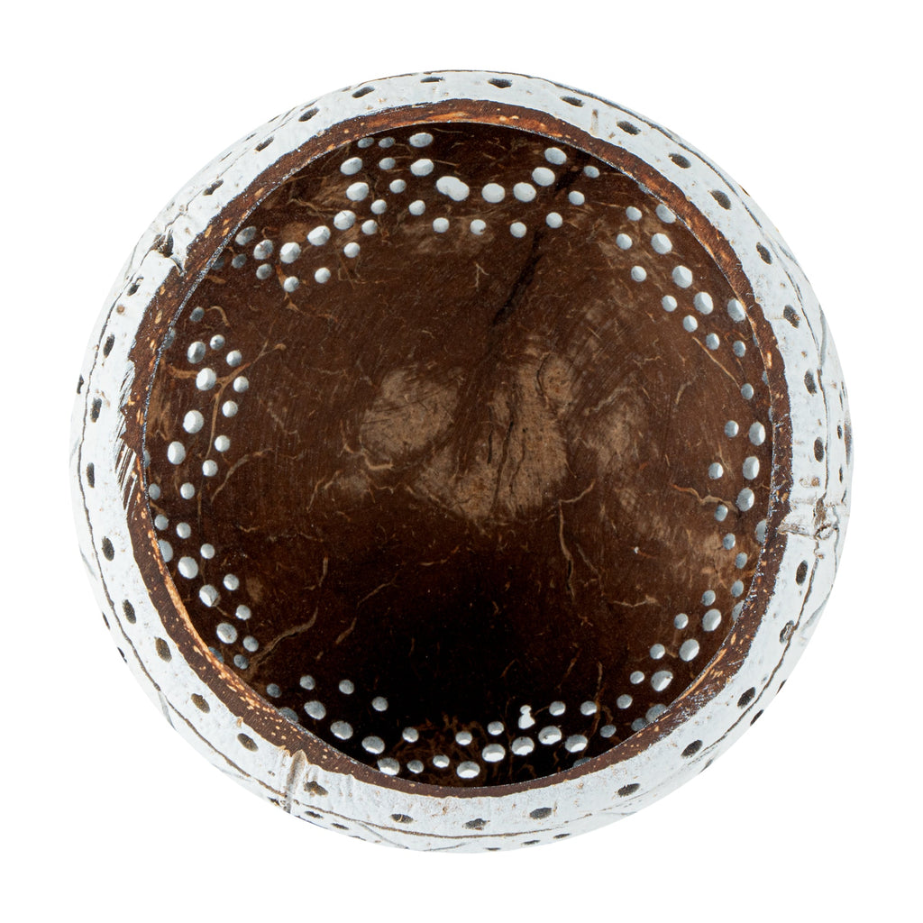Coco Casa White Handmade Coconut Shell Candle Holder - Sun and Light Pattern - 4" x 4" x 3 1/4" - 10 count box