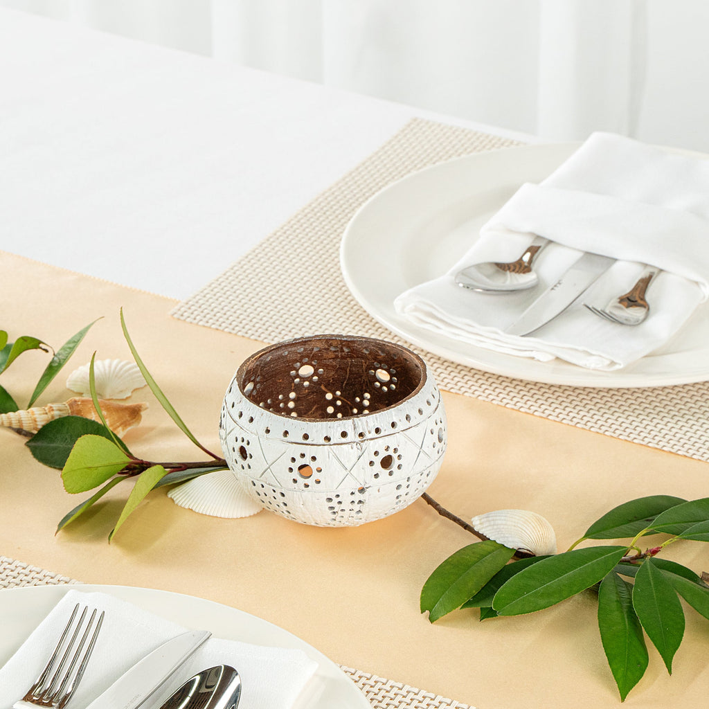 Coco Casa White Handmade Coconut Shell Candle Holder - Sun and Light Pattern - 4" x 4" x 3 1/4" - 10 count box