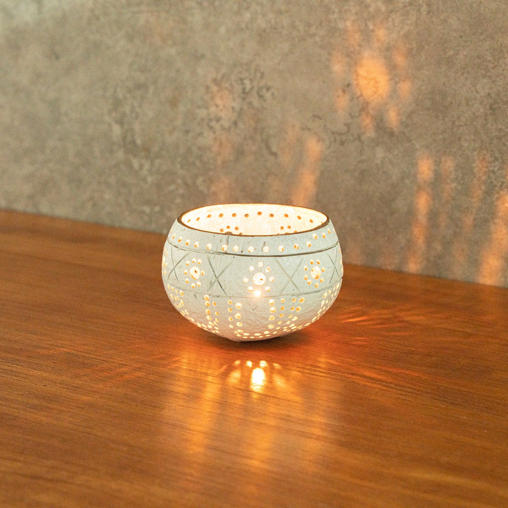 Coco Casa White Handmade Coconut Shell Candle Holder - Sun and Light Pattern - 4" x 4" x 3 1/4" - 10 count box