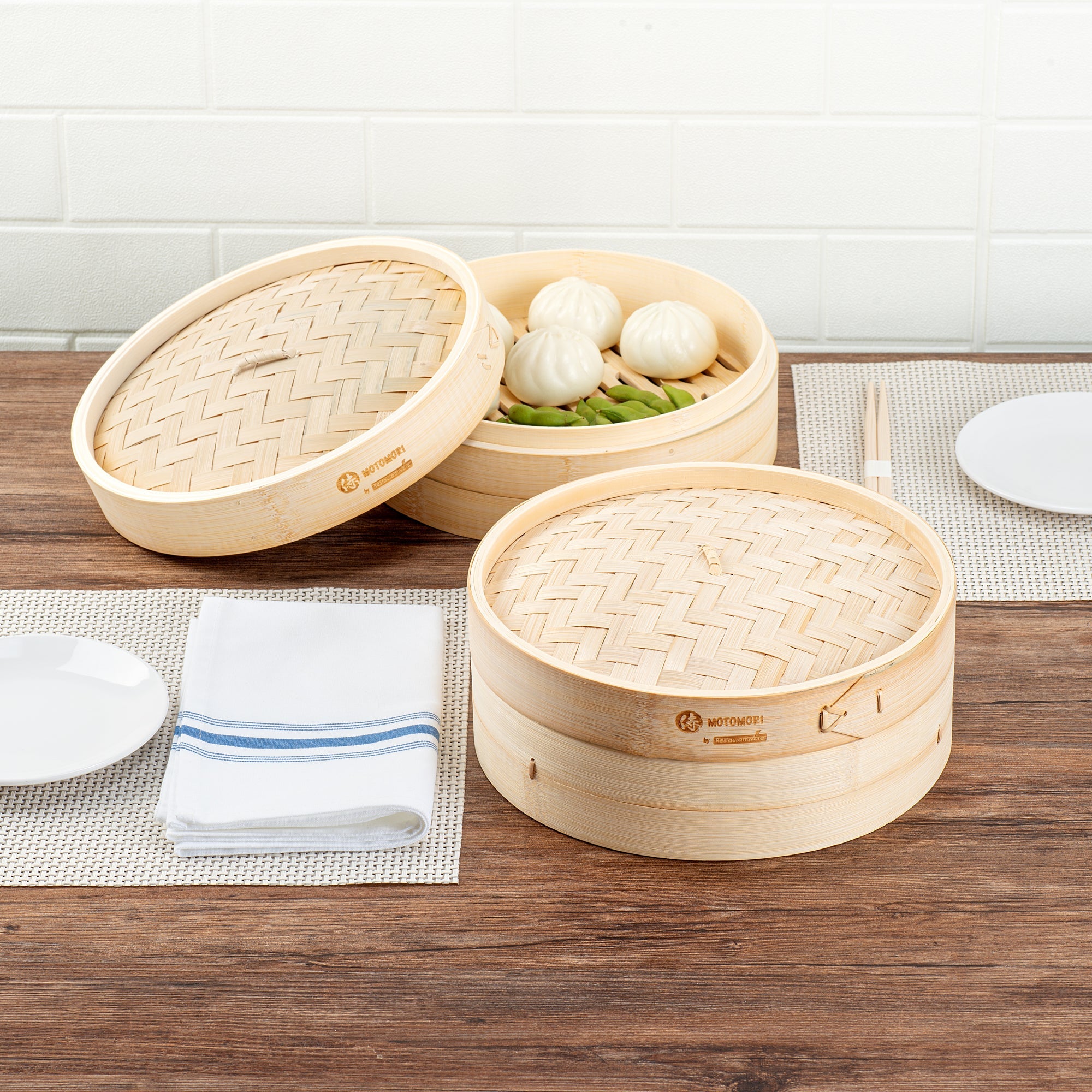 Motomori Round Natural Bamboo Steamer - 10'' x 10'' x 4'' - 1 count box
