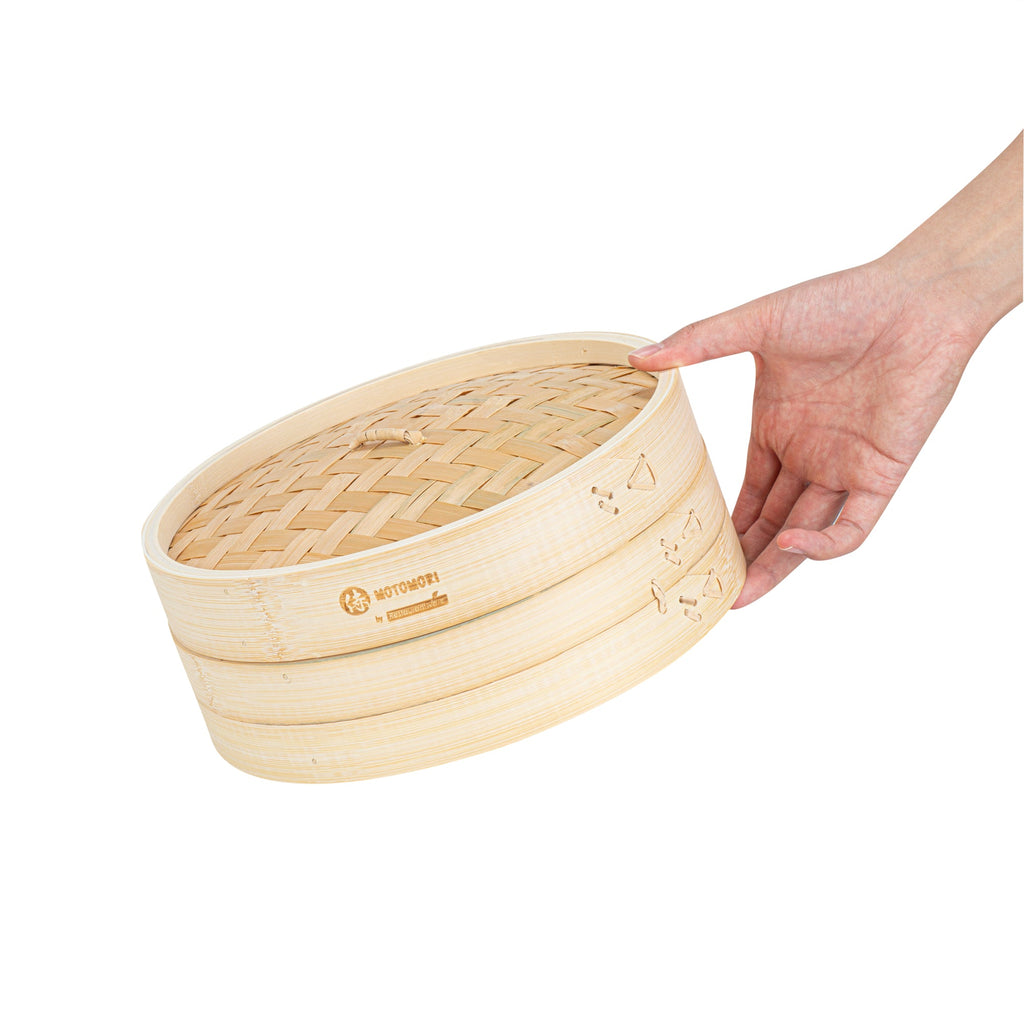 Motomori Round Natural Bamboo Steamer - 10'' x 10'' x 4'' - 1 count box