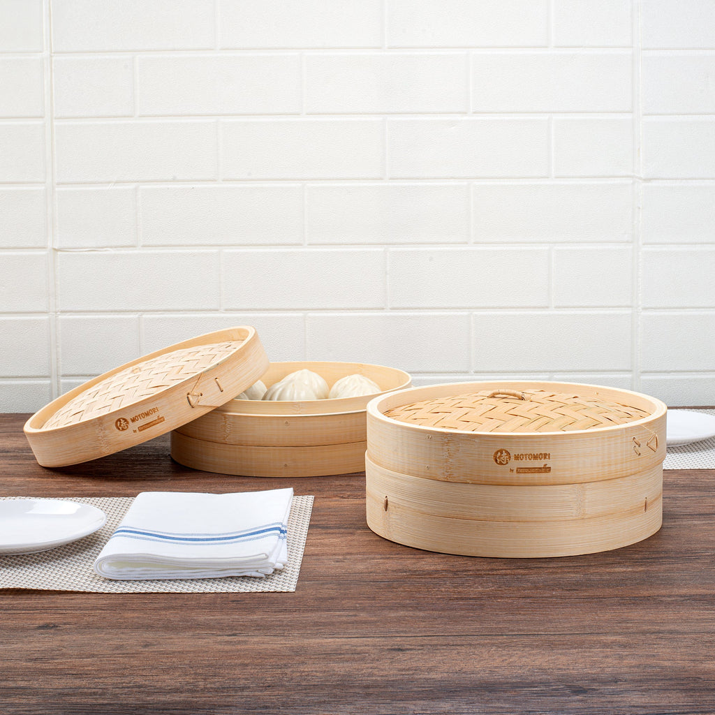 Motomori Round Natural Bamboo Steamer - 10'' x 10'' x 4'' - 1 count box