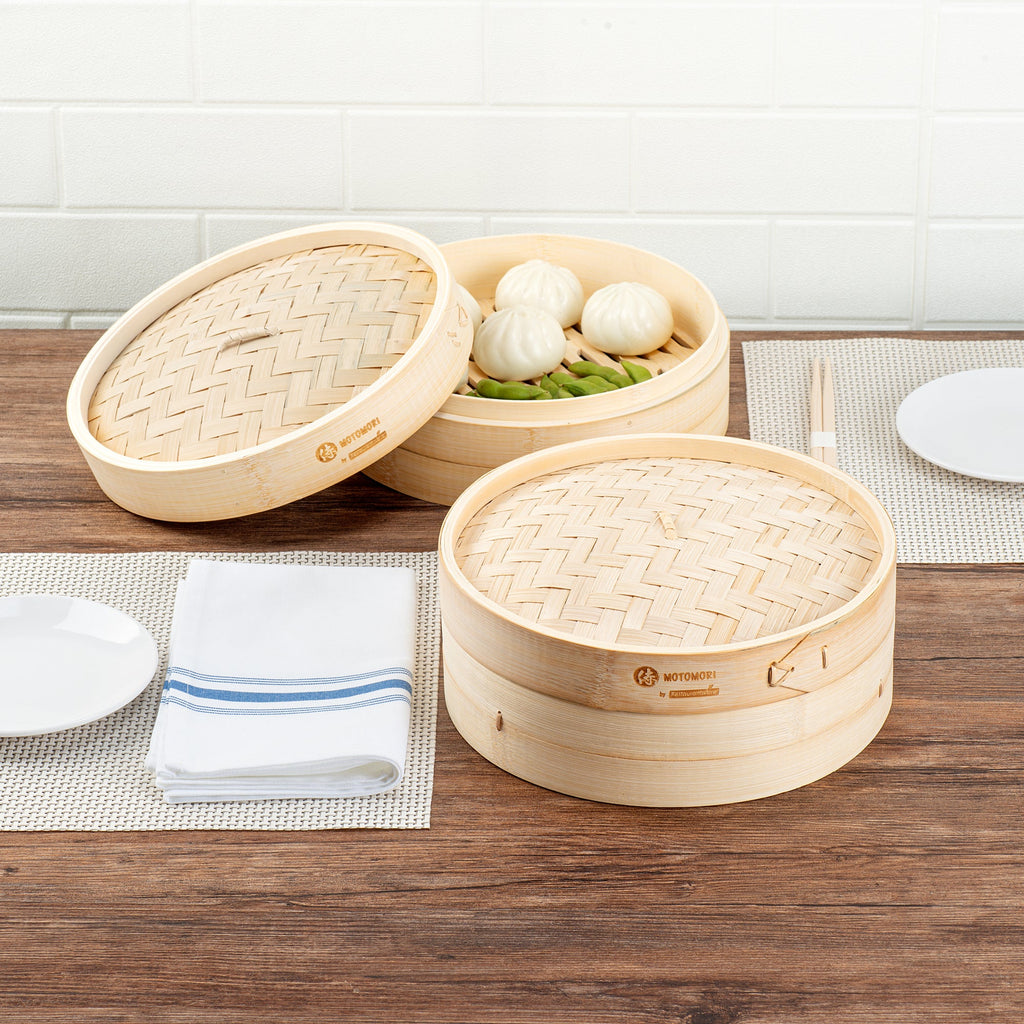 Motomori Round Natural Bamboo Steamer - 10'' x 10'' x 4'' - 10 count box