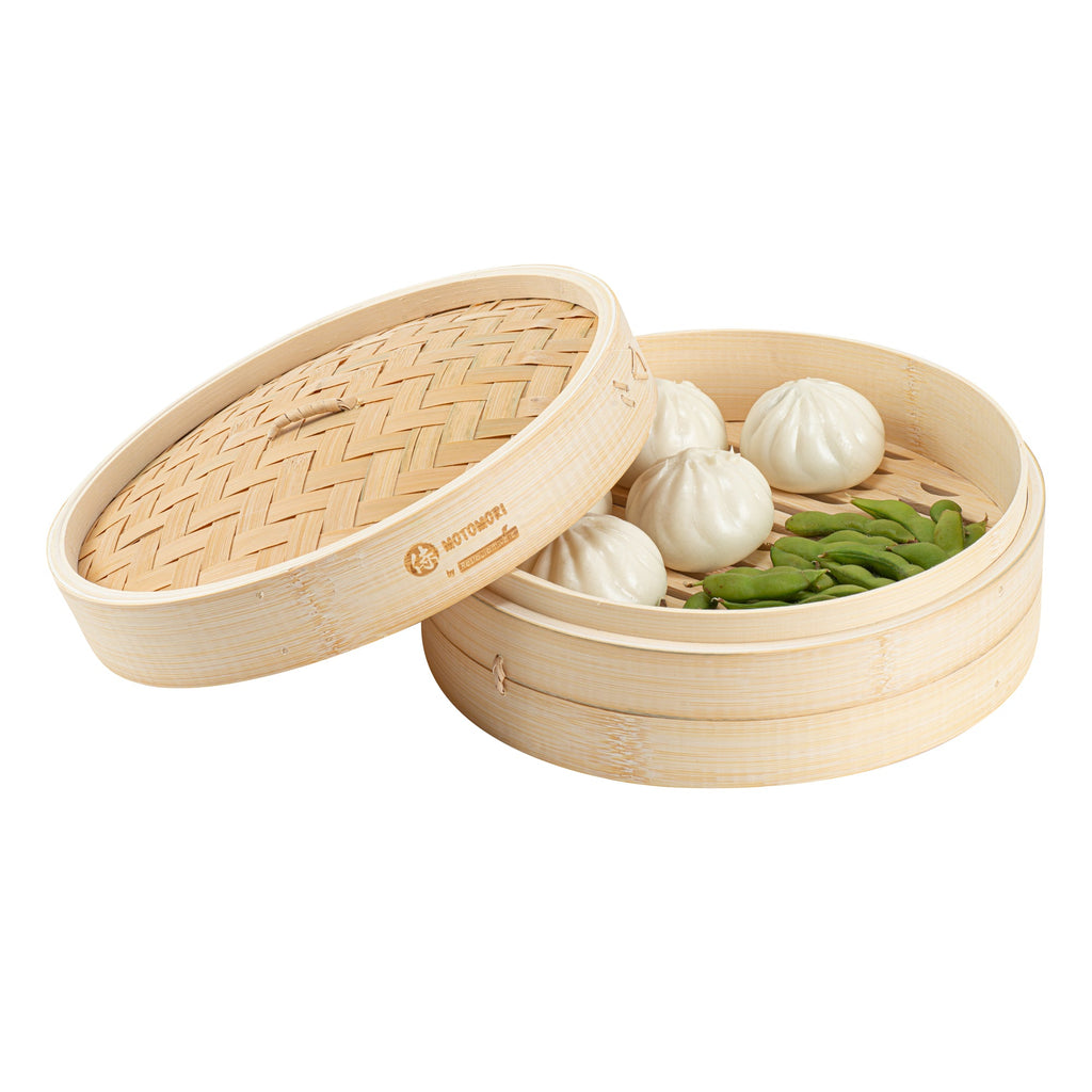 Motomori Round Natural Bamboo Steamer - 10'' x 10'' x 4'' - 10 count box