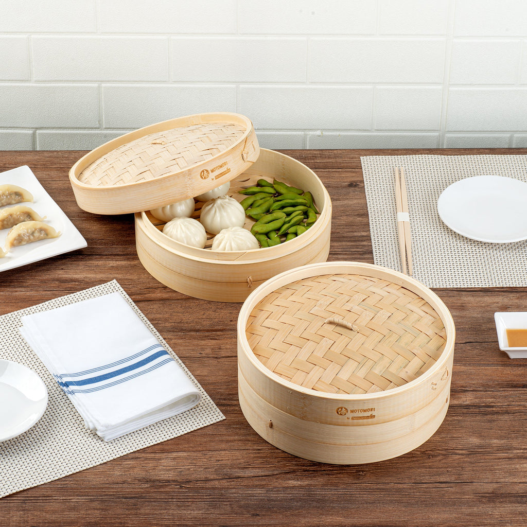 Motomori Round Natural Bamboo Steamer - 10'' x 10'' x 4'' - 10 count box