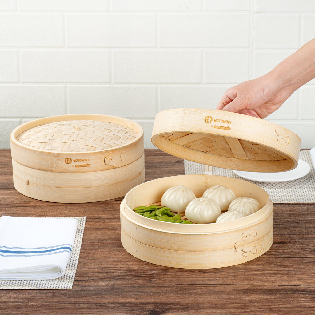 Motomori Round Natural Bamboo Steamer - 10'' x 10'' x 4'' - 10 count box