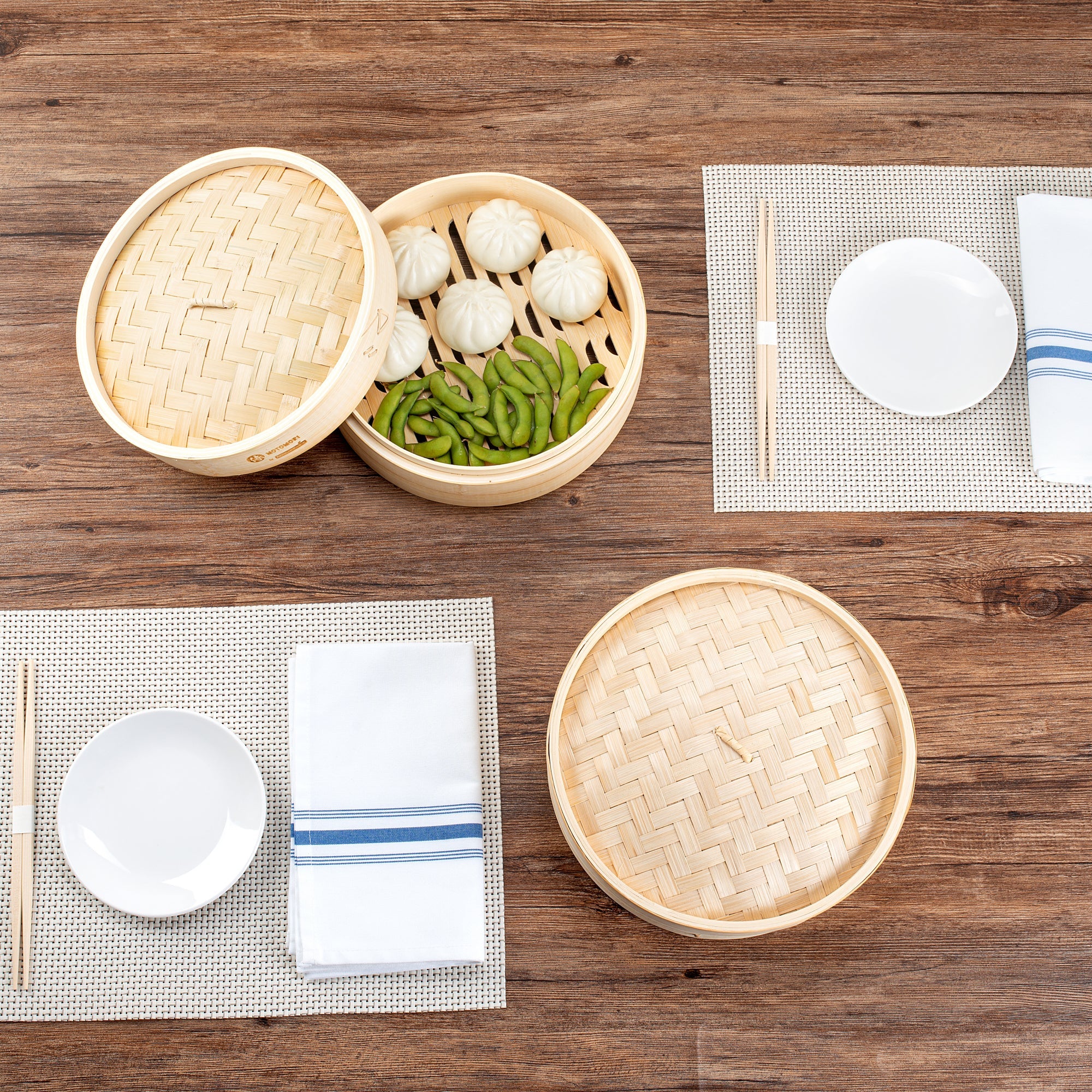 Motomori Round Natural Bamboo Steamer - 10'' x 10'' x 4'' - 10 count box