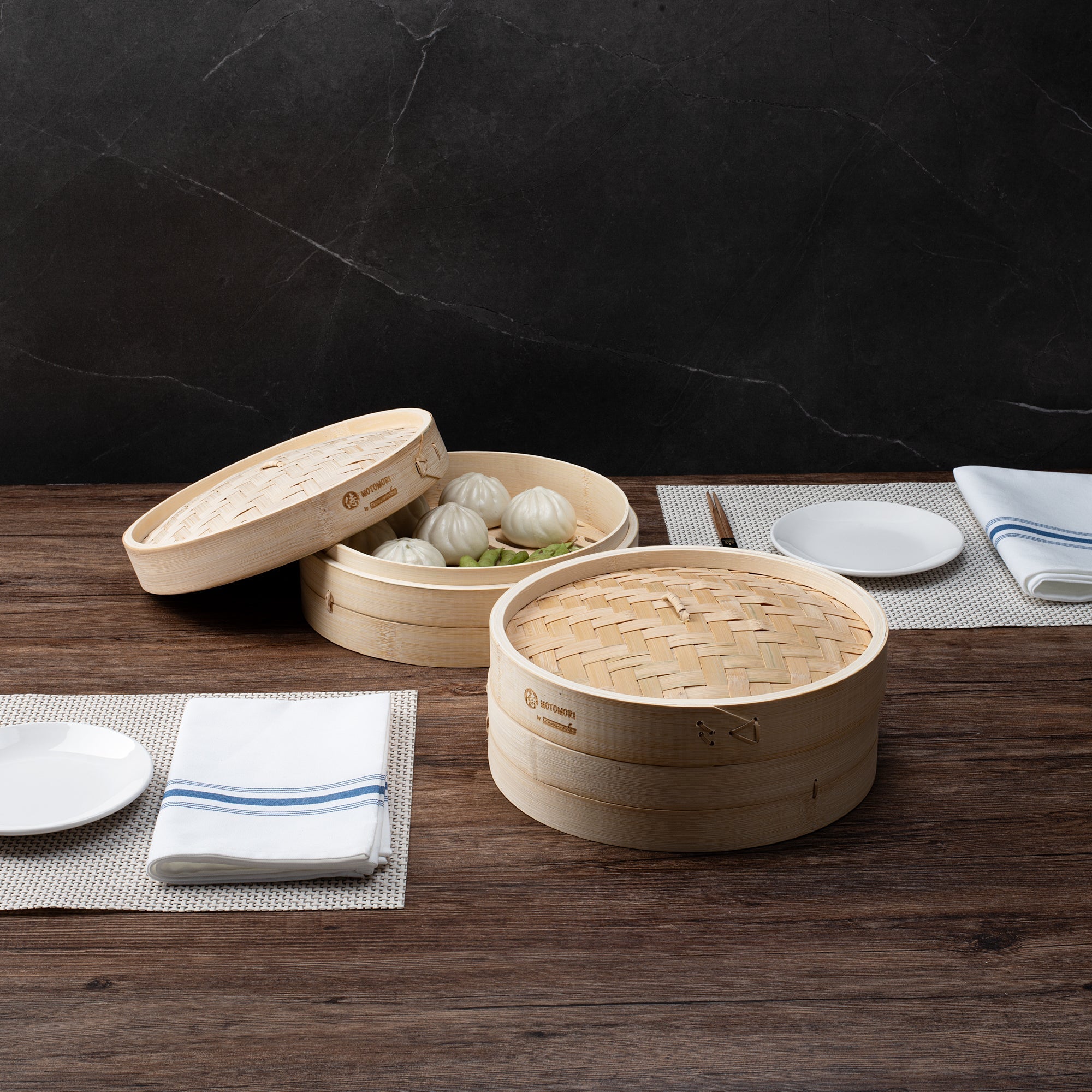 Motomori Round Natural Bamboo Steamer - 10'' x 10'' x 4'' - 10 count box