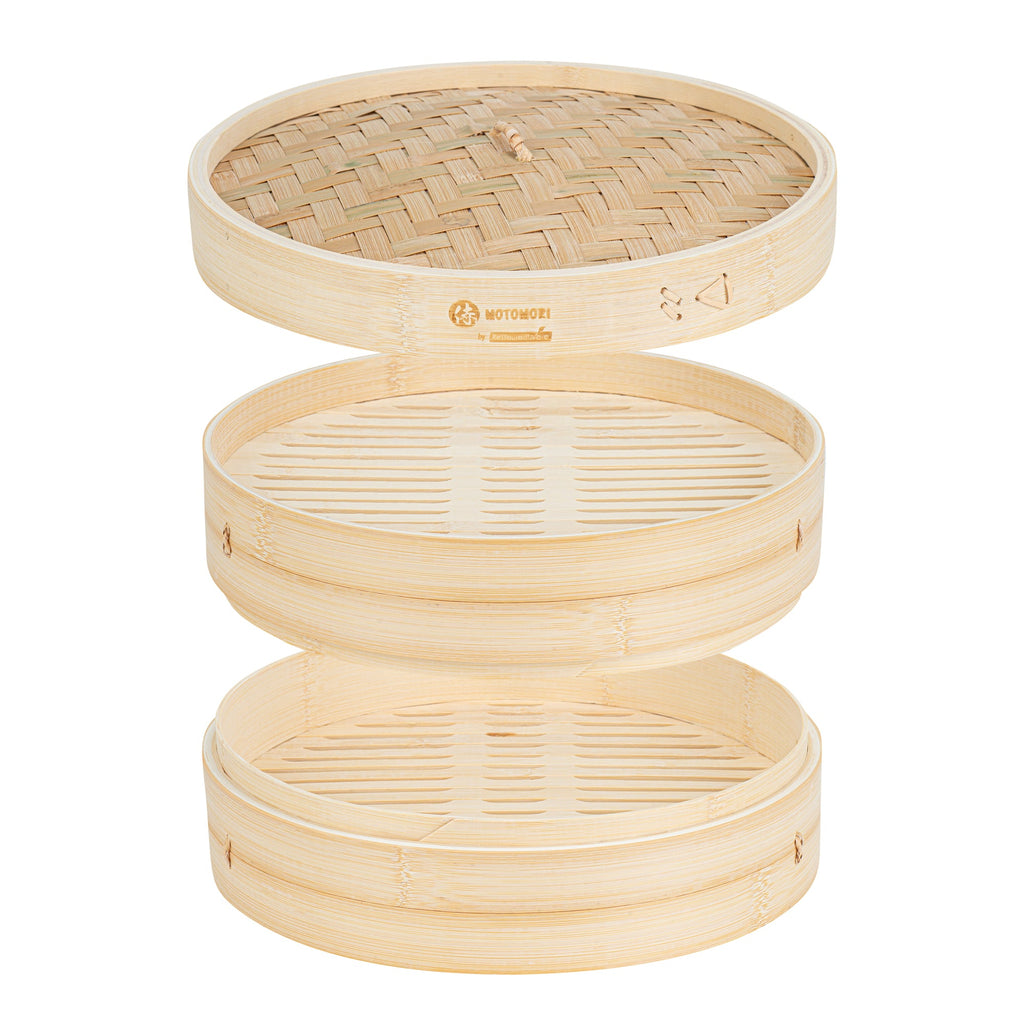 Motomori Round Natural Bamboo Steamer - 12'' x 12'' x 4'' - 1 count box