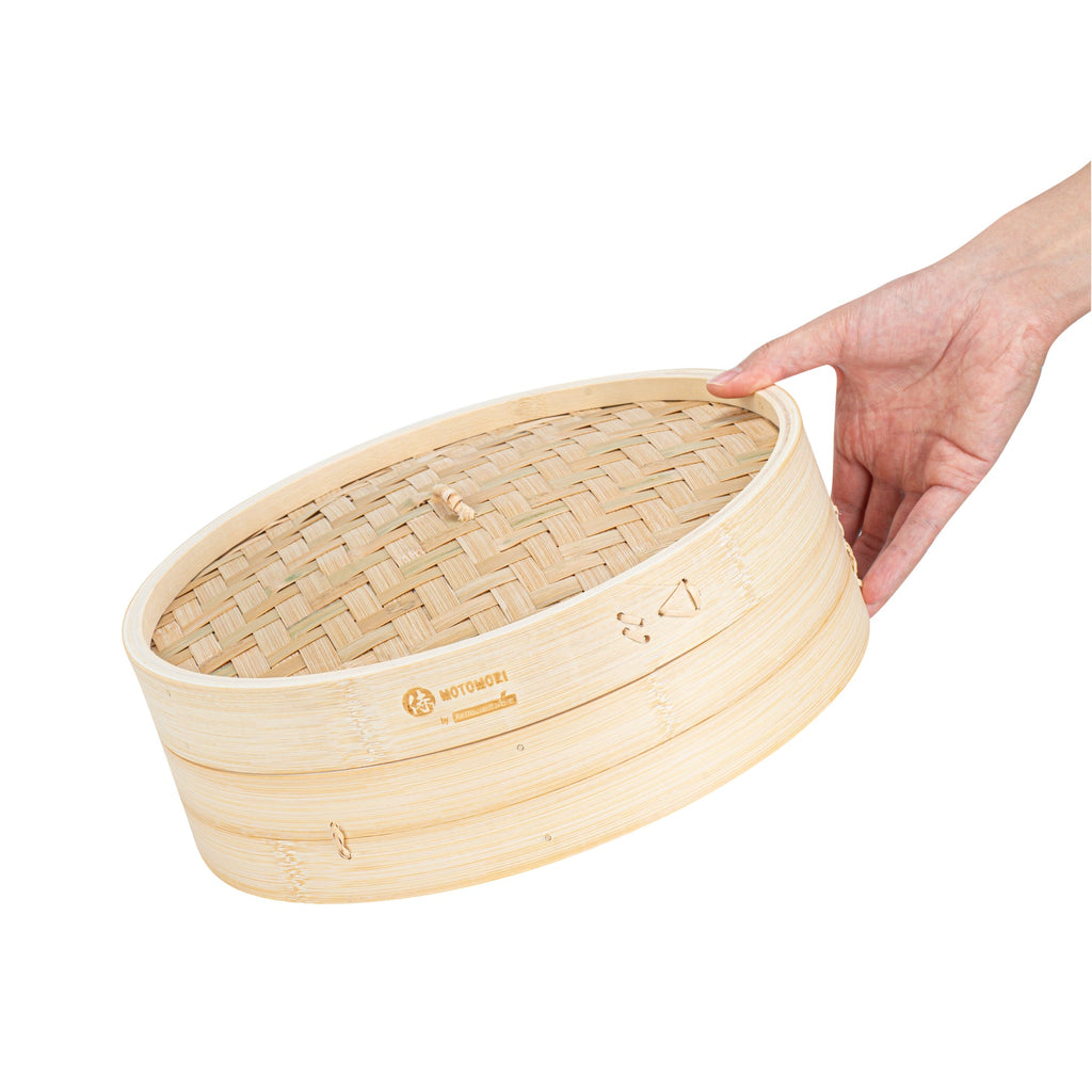 Motomori Round Natural Bamboo Steamer - 12'' x 12'' x 4'' - 1 count box