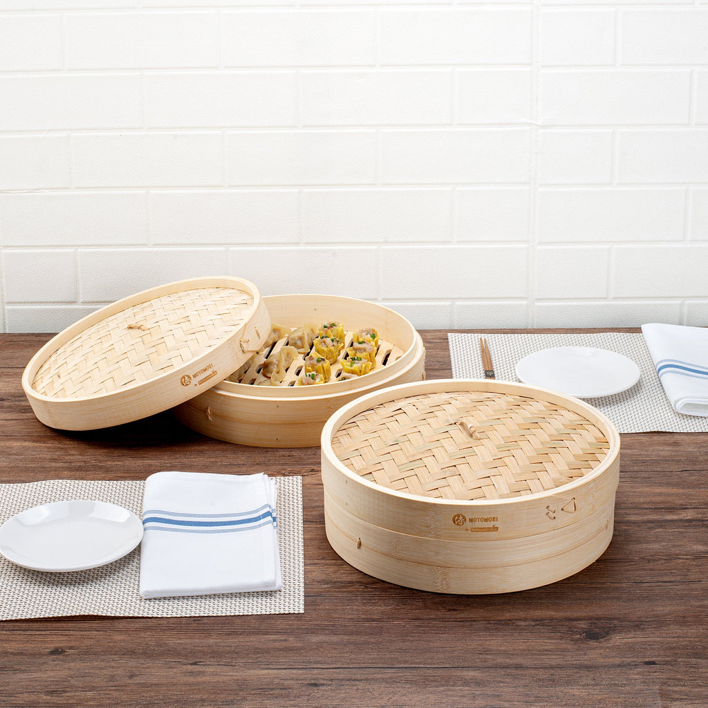 Motomori Round Natural Bamboo Steamer - 12'' x 12'' x 4'' - 1 count box