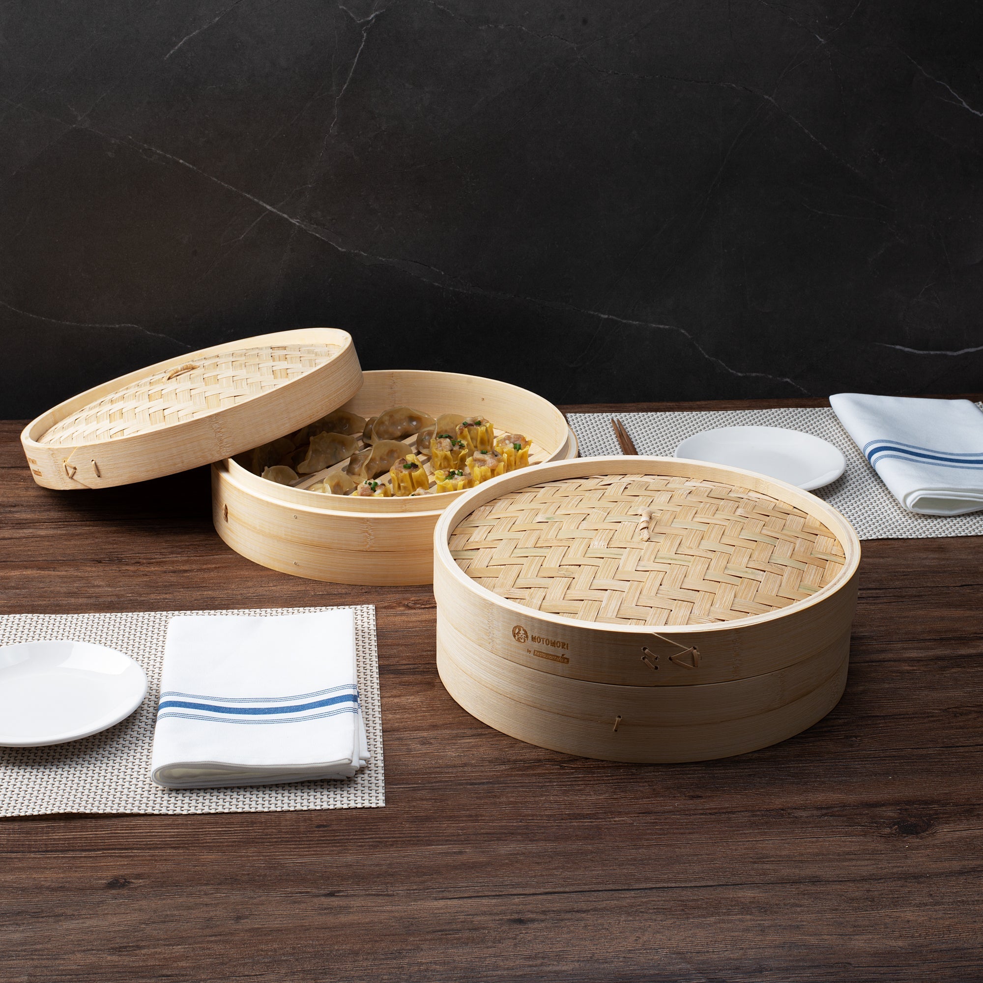 Motomori Round Natural Bamboo Steamer - 12'' x 12'' x 4'' - 1 count box
