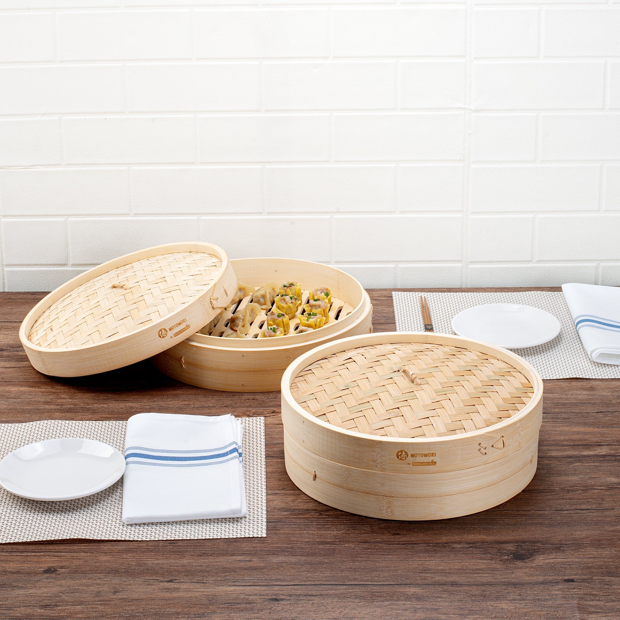 Motomori Round Natural Bamboo Steamer - 12'' x 12'' x 4'' - 10 count box