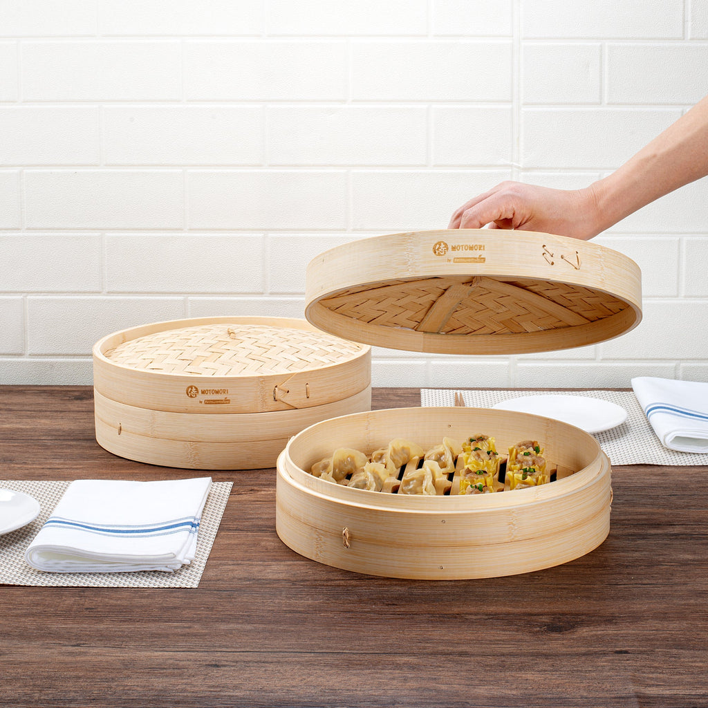 Motomori Round Natural Bamboo Steamer - 12'' x 12'' x 4'' - 10 count box