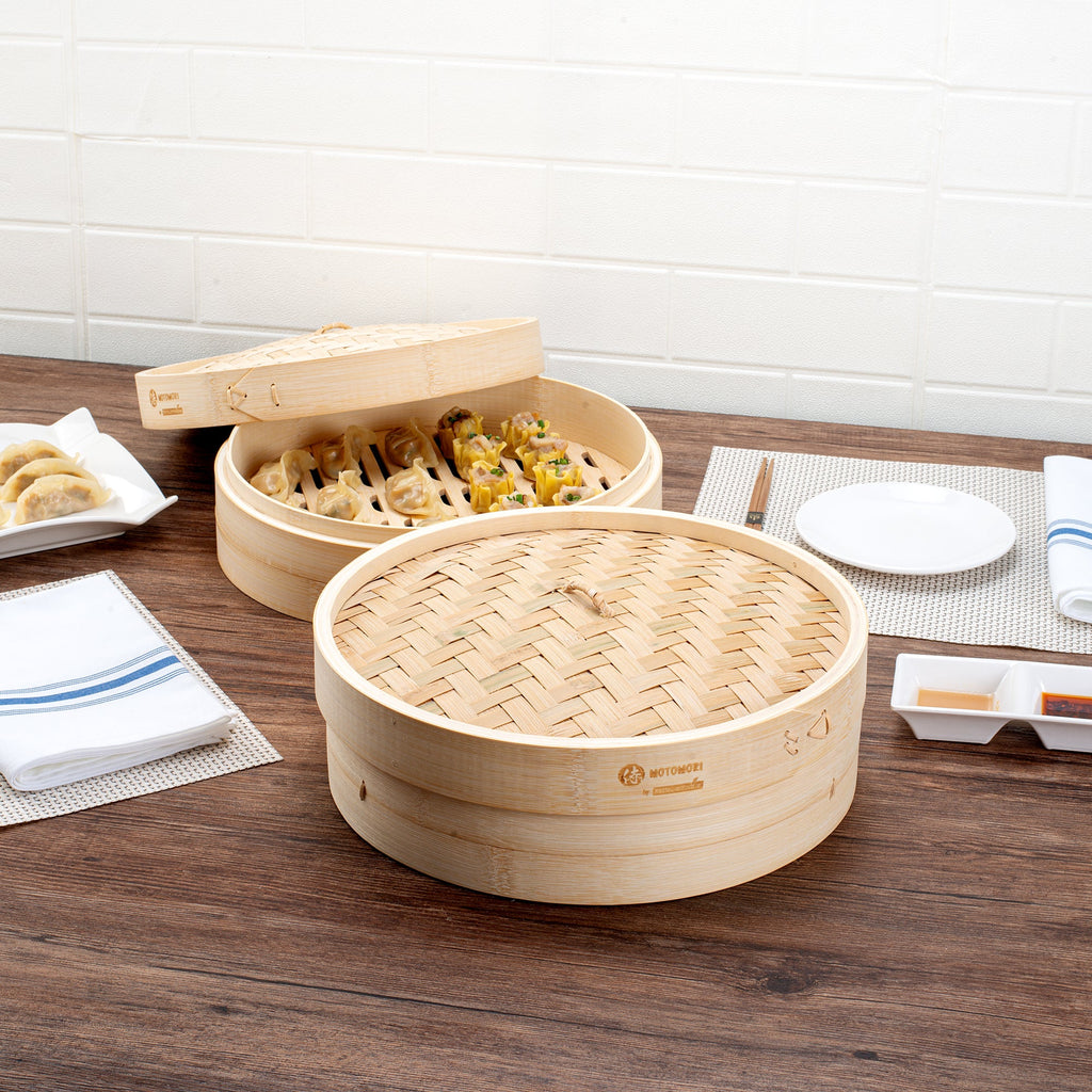 Motomori Round Natural Bamboo Steamer - 12'' x 12'' x 4'' - 10 count box