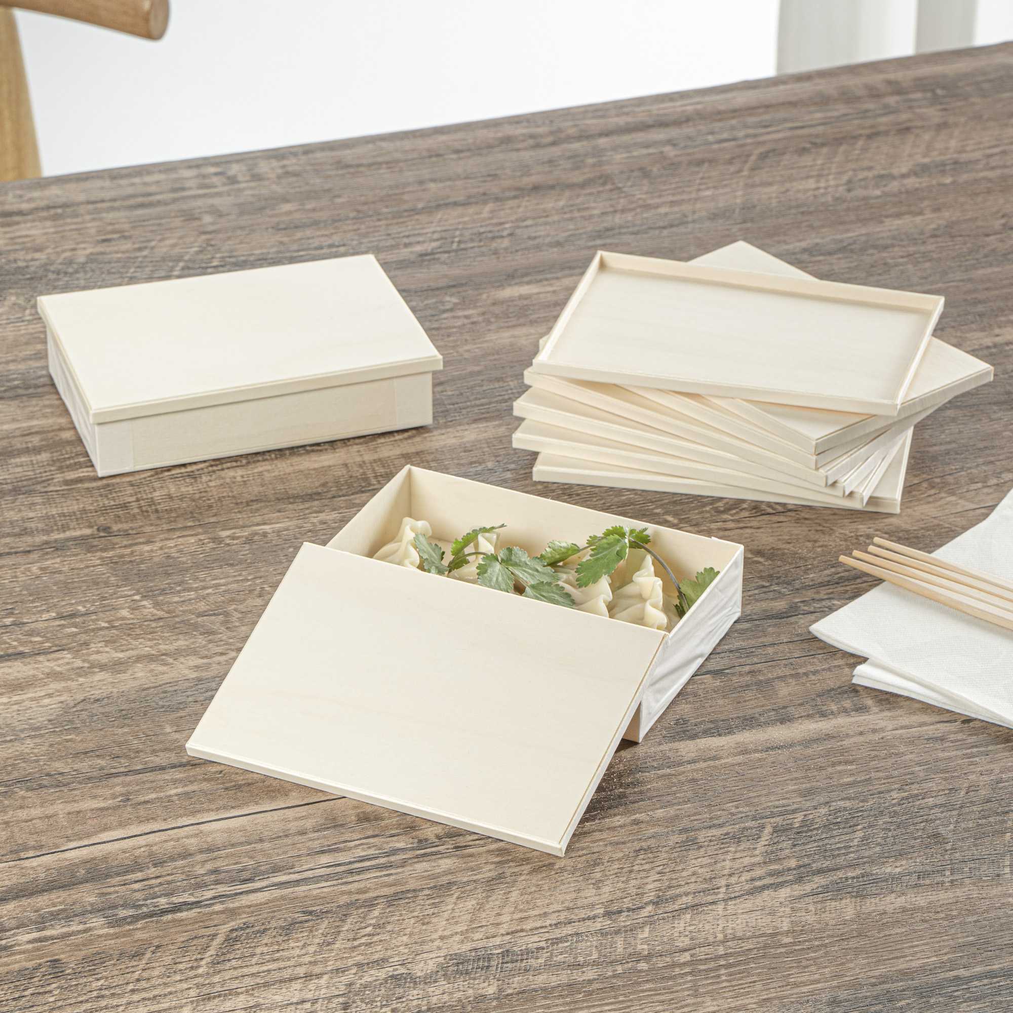 Taipei Rectangle Natural Poplar Lid - Fits 25 oz Bento Box - 10 count box