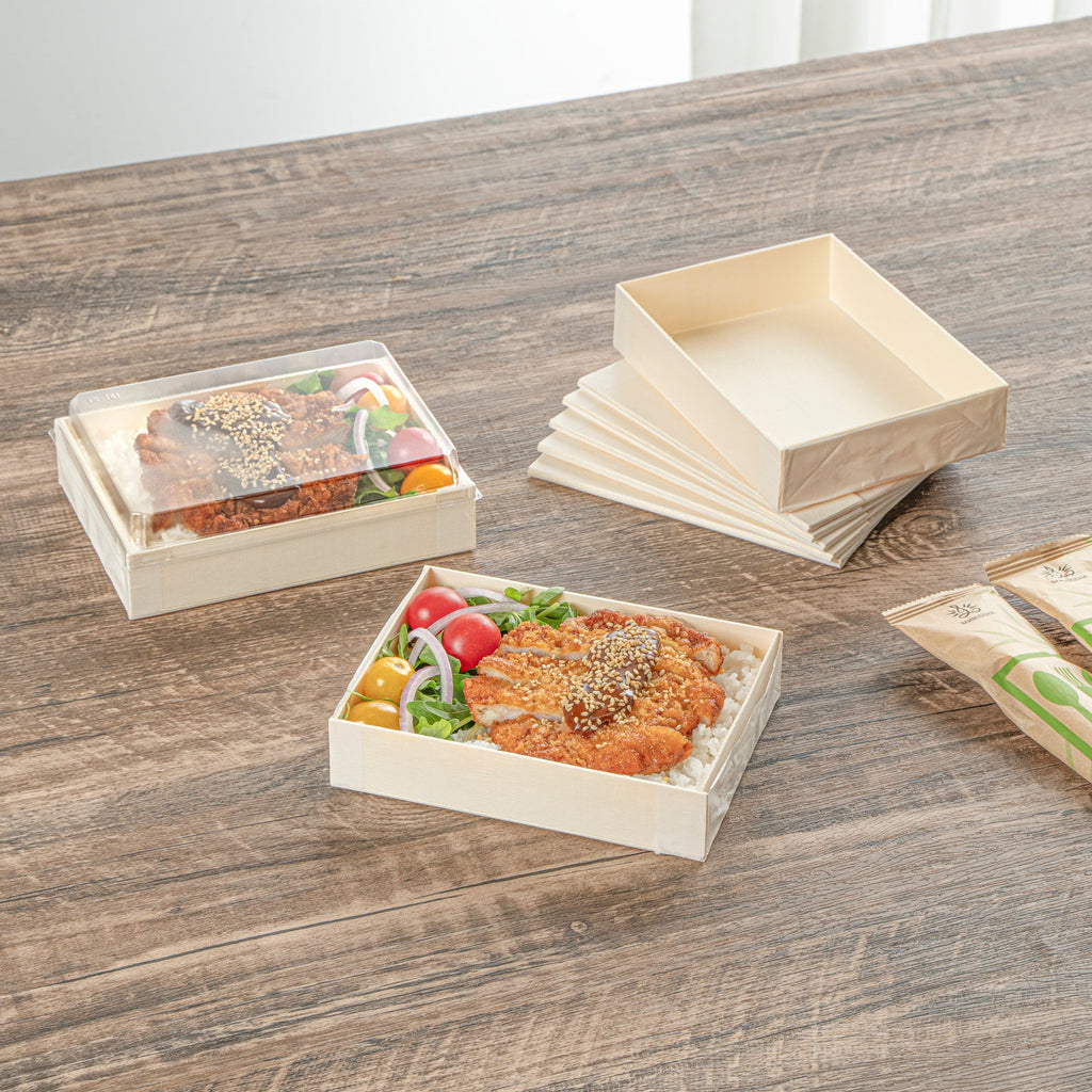 Taipei 24 oz Rectangle Natural Poplar Bento Box - 6 1/2" x 4 3/4" x 1 1/2" - 100 count box