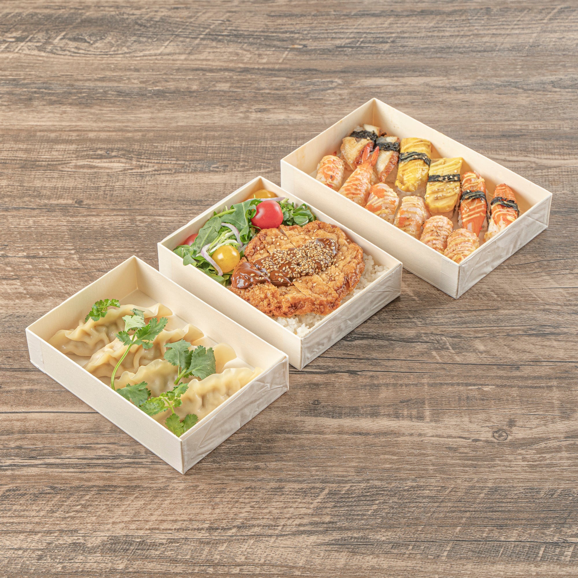 Taipei 24 oz Rectangle Natural Poplar Bento Box - 6 1/2" x 4 3/4" x 1 1/2" - 100 count box