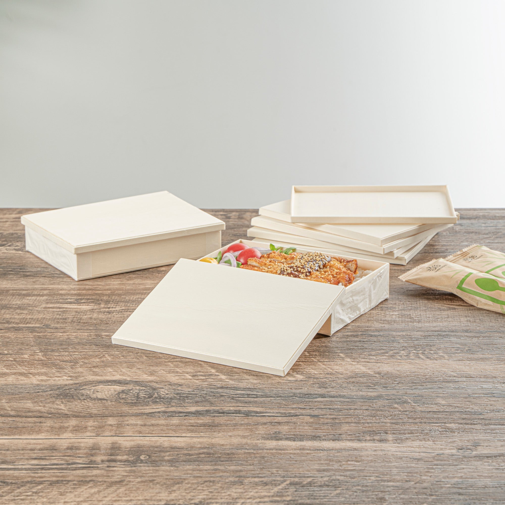 Taipei Rectangle Natural Poplar Lid - Fits 24 oz Bento Box - 100 count box