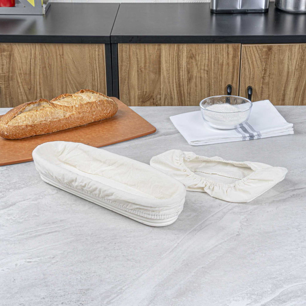 Pastry Tek Rattan Long Oval Natural Banneton Proofing Basket - with 2 Cotton Liners - 13 1/2" x 4" x 2 1/4" - 1 count box
