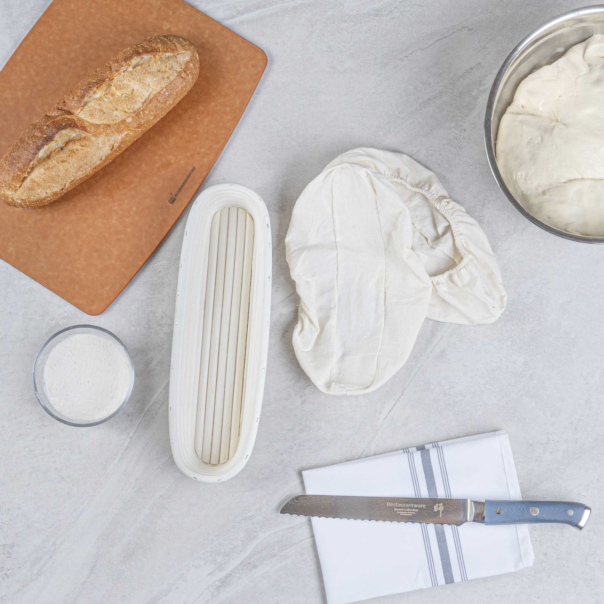 Pastry Tek Rattan Long Oval Natural Banneton Proofing Basket - with 2 Cotton Liners - 13 1/2" x 4" x 2 1/4" - 1 count box