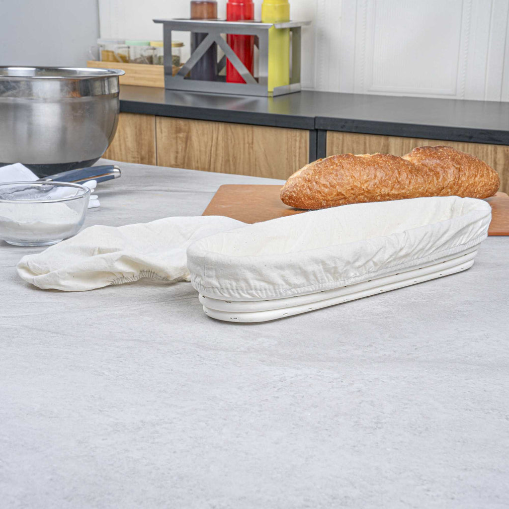 Pastry Tek Rattan Long Oval Natural Banneton Proofing Basket - with 2 Cotton Liners - 13 1/2" x 4" x 2 1/4" - 1 count box