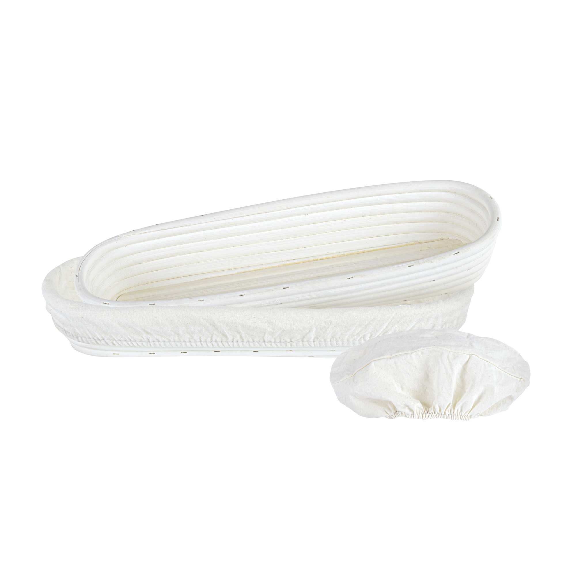 Pastry Tek Rattan Long Oval Natural Banneton Proofing Basket - with 2 Cotton Liners - 13 1/2" x 4" x 2 1/4" - 10 count box