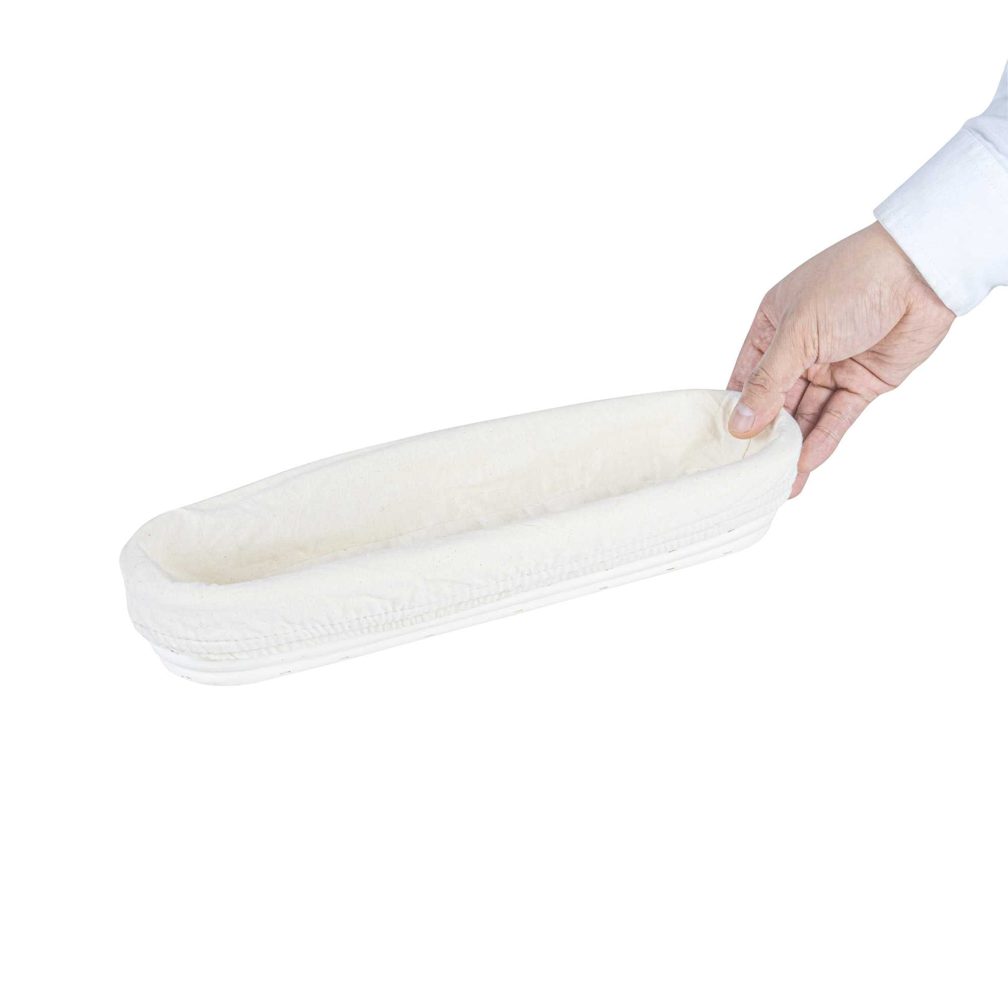 Pastry Tek Rattan Long Oval Natural Banneton Proofing Basket - with 2 Cotton Liners - 13 1/2" x 4" x 2 1/4" - 10 count box
