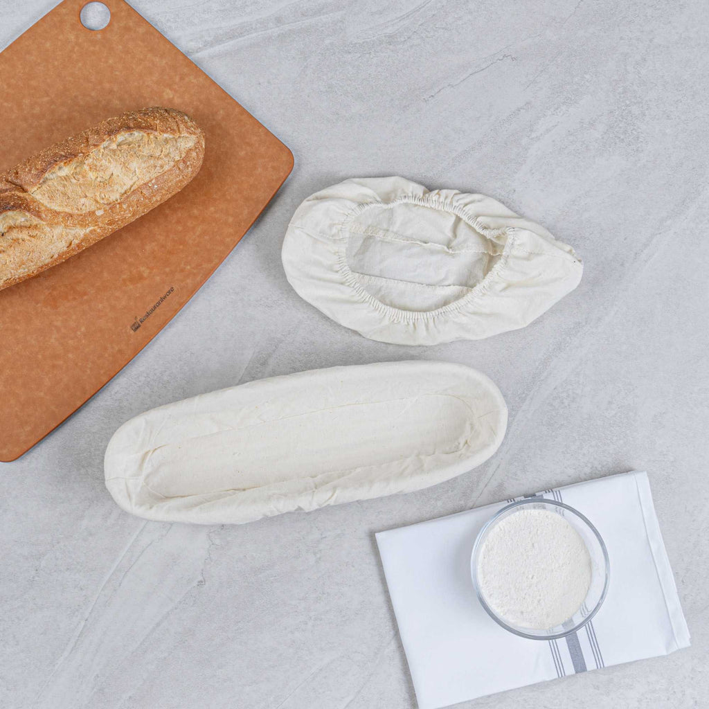 Pastry Tek Rattan Long Oval Natural Banneton Proofing Basket - with 2 Cotton Liners - 13 1/2" x 4" x 2 1/4" - 10 count box