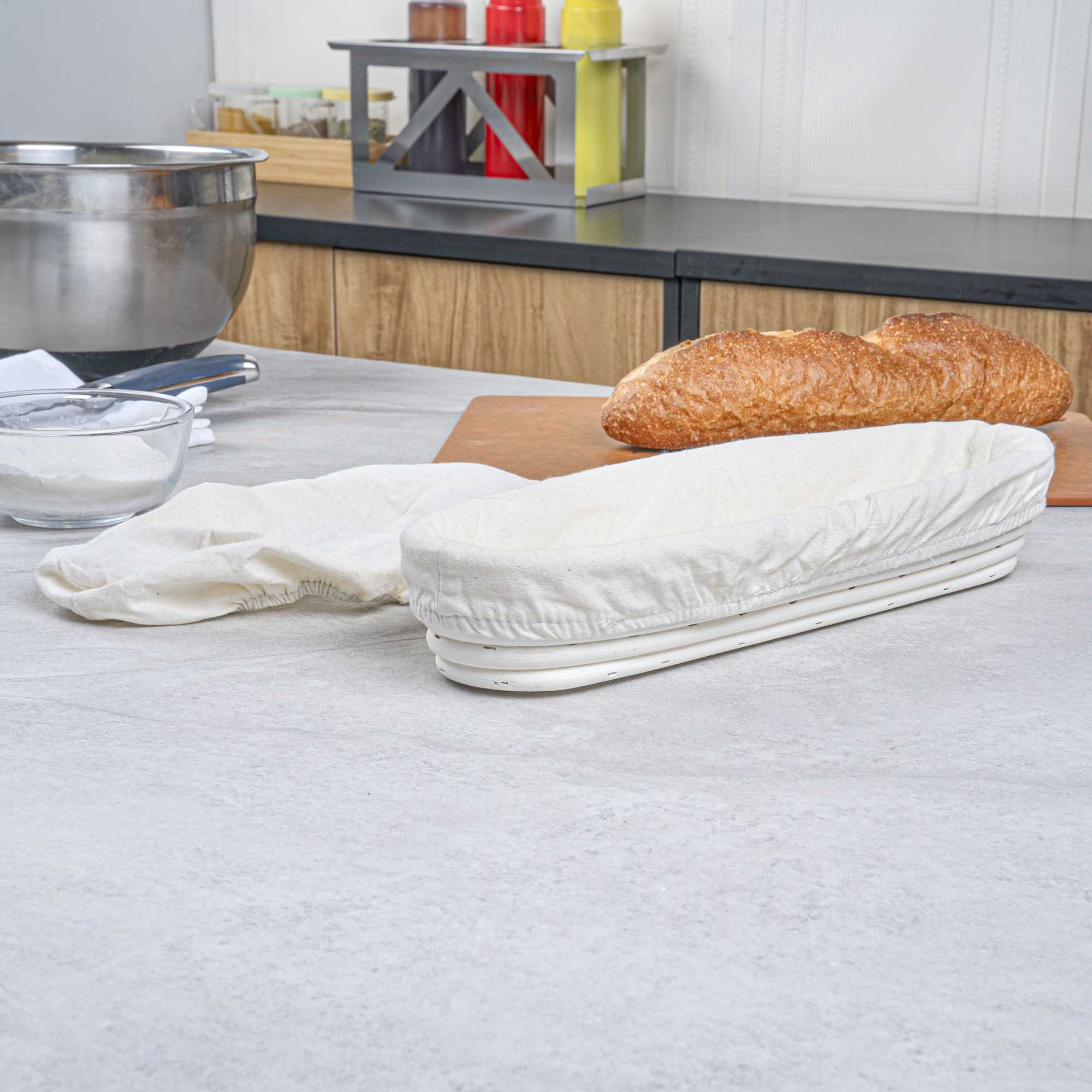 Pastry Tek Rattan Long Oval Natural Banneton Proofing Basket - with 2 Cotton Liners - 13 1/2" x 4" x 2 1/4" - 10 count box