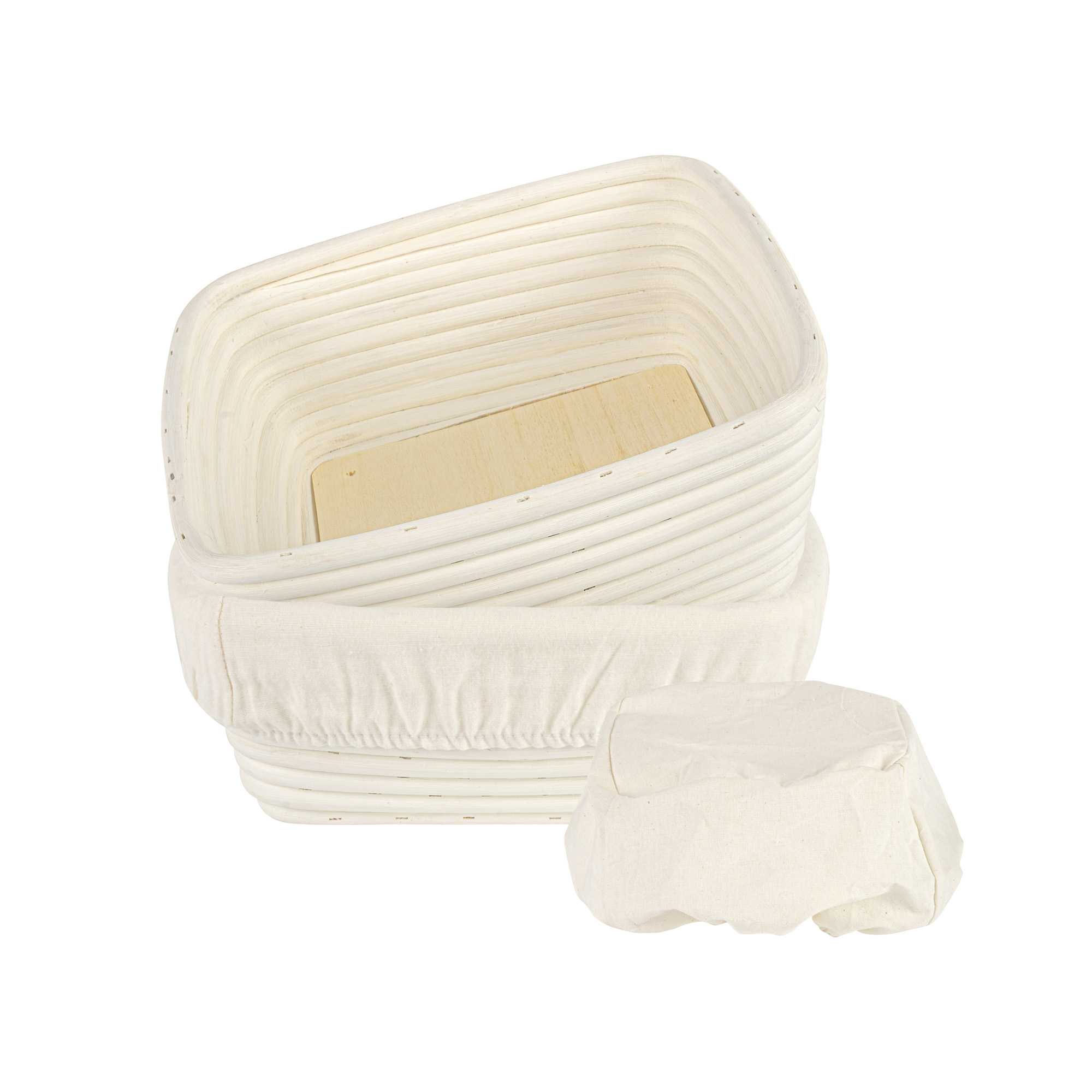 Pastry Tek Rattan Square Natural Banneton Proofing Basket - with 2 Cotton Liners - 9 3/4" x 9 3/4" x 4" - 1 count box