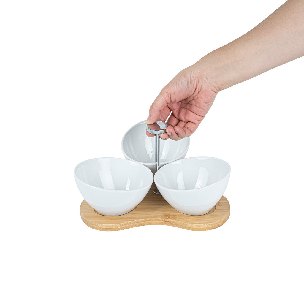 Chef 101 15 oz Rectangle White Porcelain Incline Bowl Set - 3 Bowls, Bamboo Tray - 8 3/4" x 8" x 5" - 1 count box