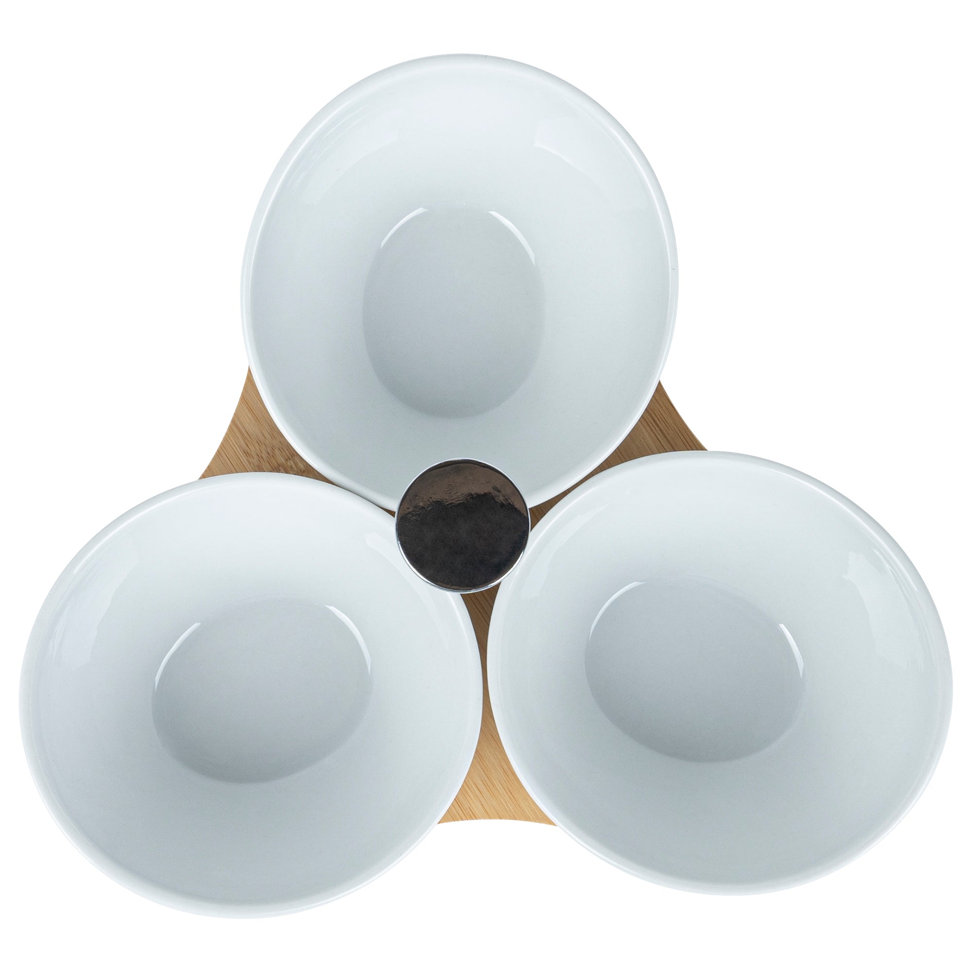 Chef 101 15 oz Rectangle White Porcelain Incline Bowl Set - 3 Bowls, Bamboo Tray - 8 3/4" x 8" x 5" - 1 count box