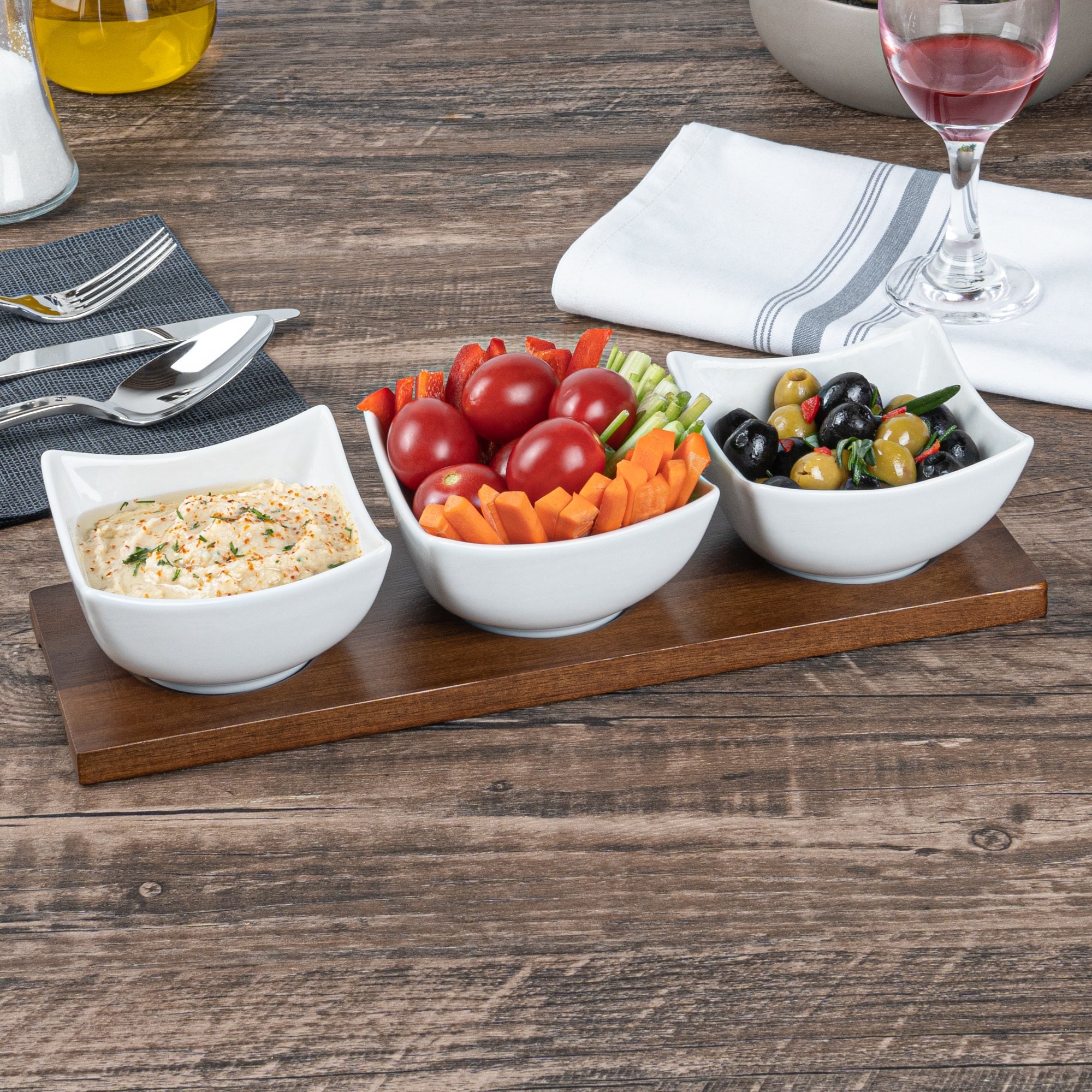 Chef 101 15 oz Rectangle White Porcelain Cocktail Bowl Set - 3 Bowls, Bamboo Tray - 12" x 4" x 2 1/2" - 1 count box