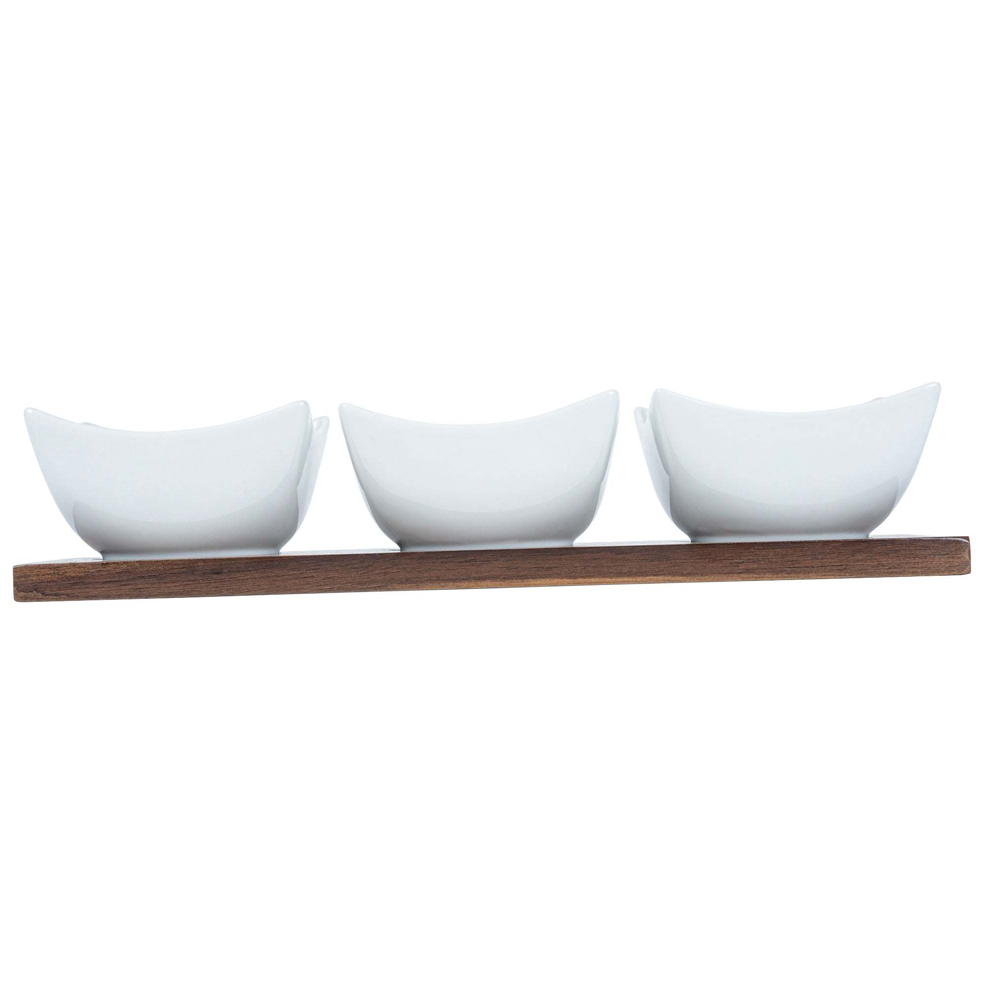 Chef 101 15 oz Rectangle White Porcelain Cocktail Bowl Set - 3 Bowls, Bamboo Tray - 12" x 4" x 2 1/2" - 1 count box