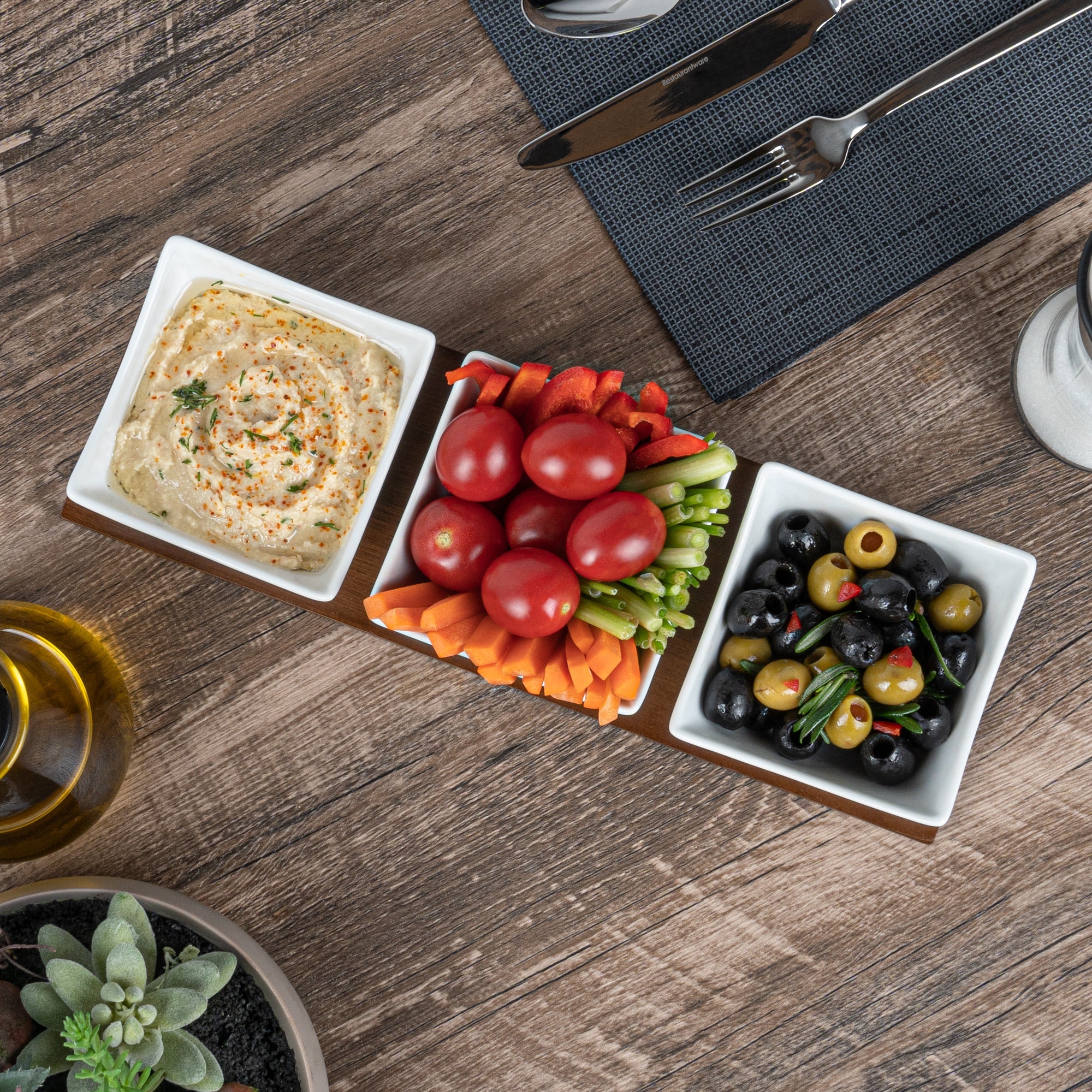 Chef 101 15 oz Rectangle White Porcelain Cocktail Bowl Set - 3 Bowls, Bamboo Tray - 12" x 4" x 2 1/2" - 1 count box