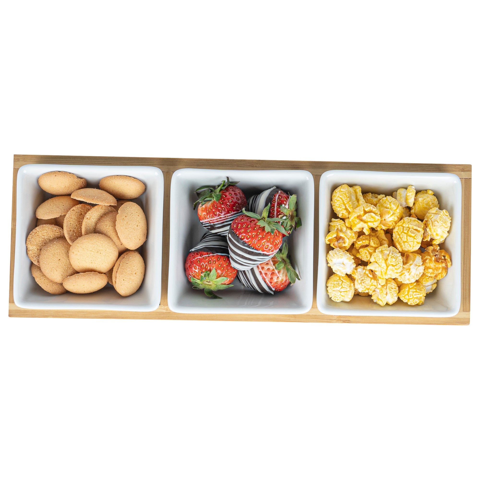 Chef 101 6 oz Rectangle White Porcelain Modern Bowl Set - 3 Bowls, Bamboo Tray - 11 3/4" x 4 1/4" x 2" - 1 count box