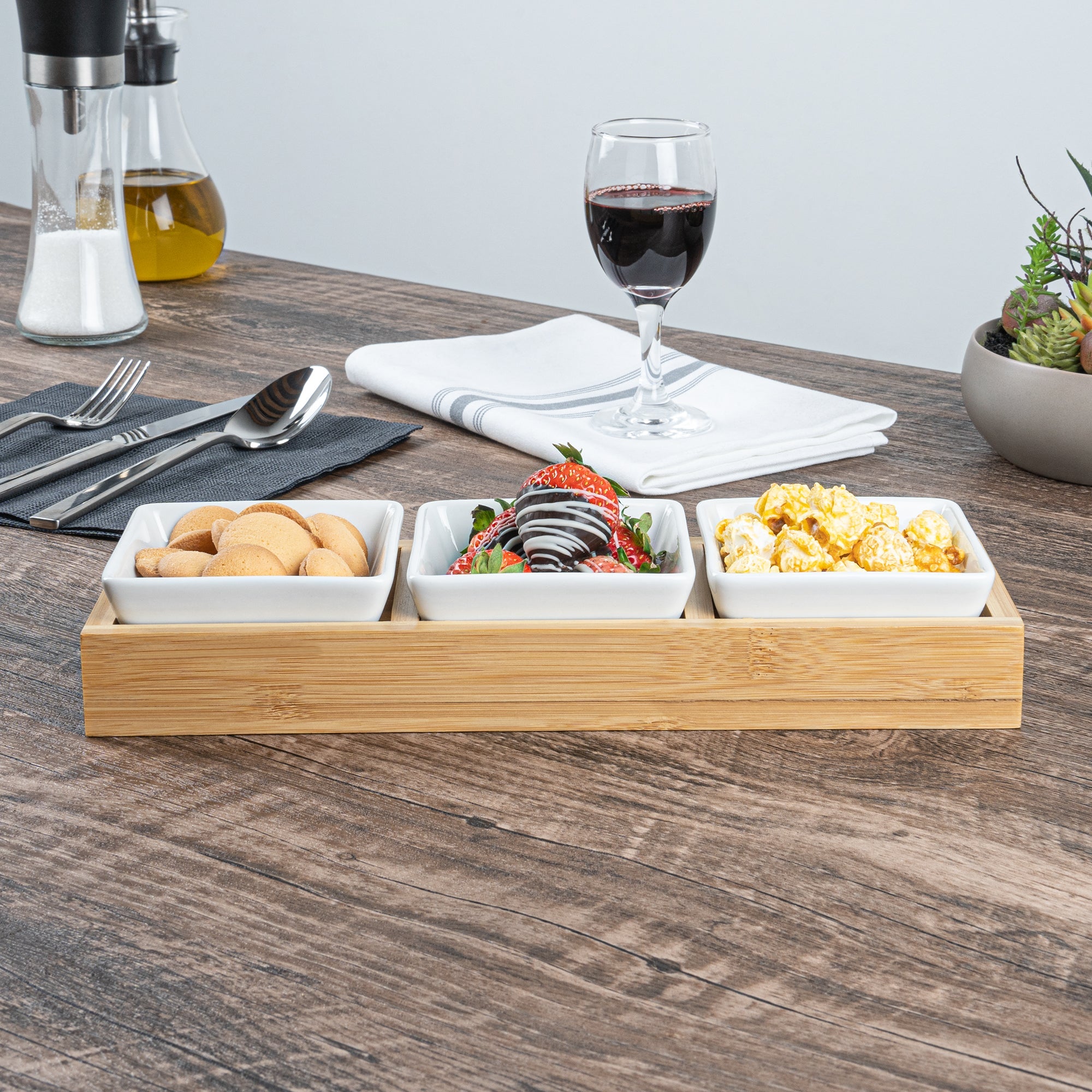 Chef 101 6 oz Rectangle White Porcelain Modern Bowl Set - 3 Bowls, Bamboo Tray - 11 3/4" x 4 1/4" x 2" - 1 count box