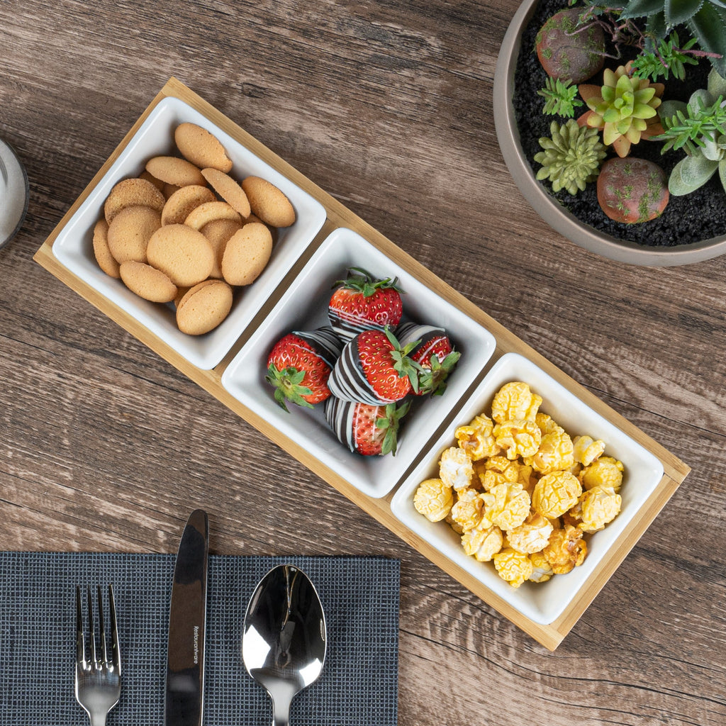 Chef 101 6 oz Rectangle White Porcelain Modern Bowl Set - 3 Bowls, Bamboo Tray - 11 3/4" x 4 1/4" x 2" - 1 count box