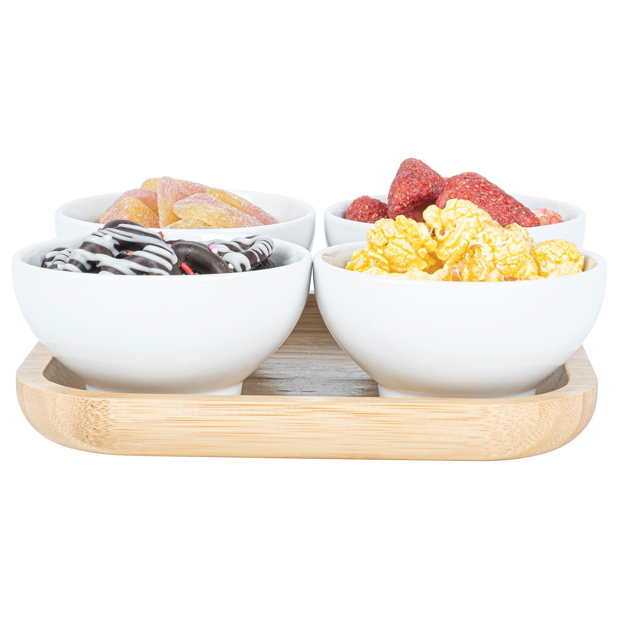 Chef 101 20 oz Rectangle White Porcelain Coppa Bowl Set - 4 Bowls, Bamboo Tray - 7" x 7" x 2 1/4" - 1 count box