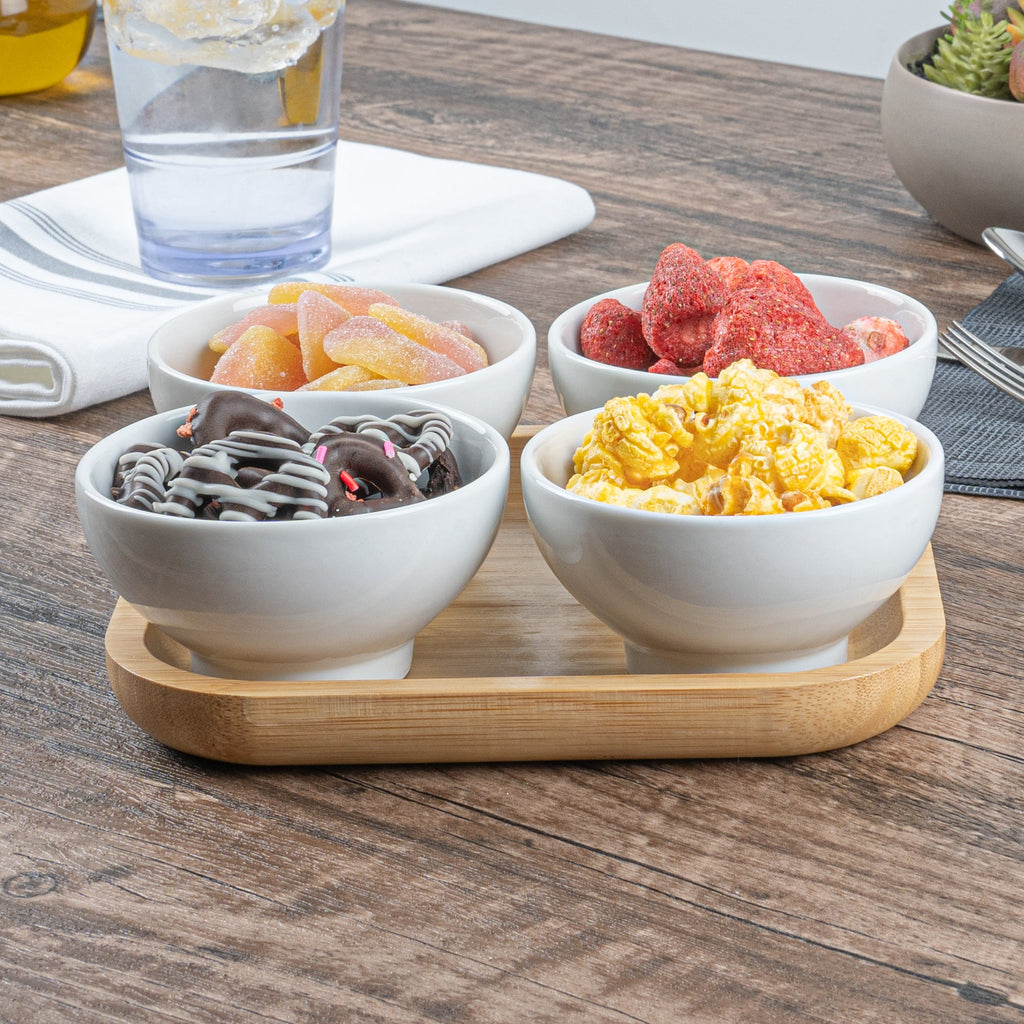 Chef 101 20 oz Rectangle White Porcelain Coppa Bowl Set - 4 Bowls, Bamboo Tray - 7" x 7" x 2 1/4" - 1 count box