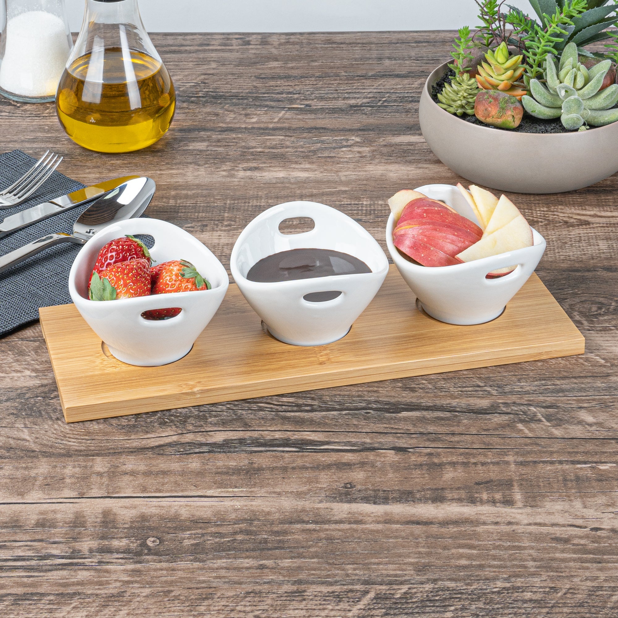Chef 101 6 oz Rectangle White Porcelain Basket Bowl Set - 3 Bowls, Bamboo Tray - 11 3/4" x 4 1/4" x 2 1/2" - 1 count box
