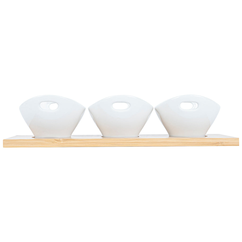 Chef 101 6 oz Rectangle White Porcelain Basket Bowl Set - 3 Bowls, Bamboo Tray - 11 3/4" x 4 1/4" x 2 1/2" - 1 count box