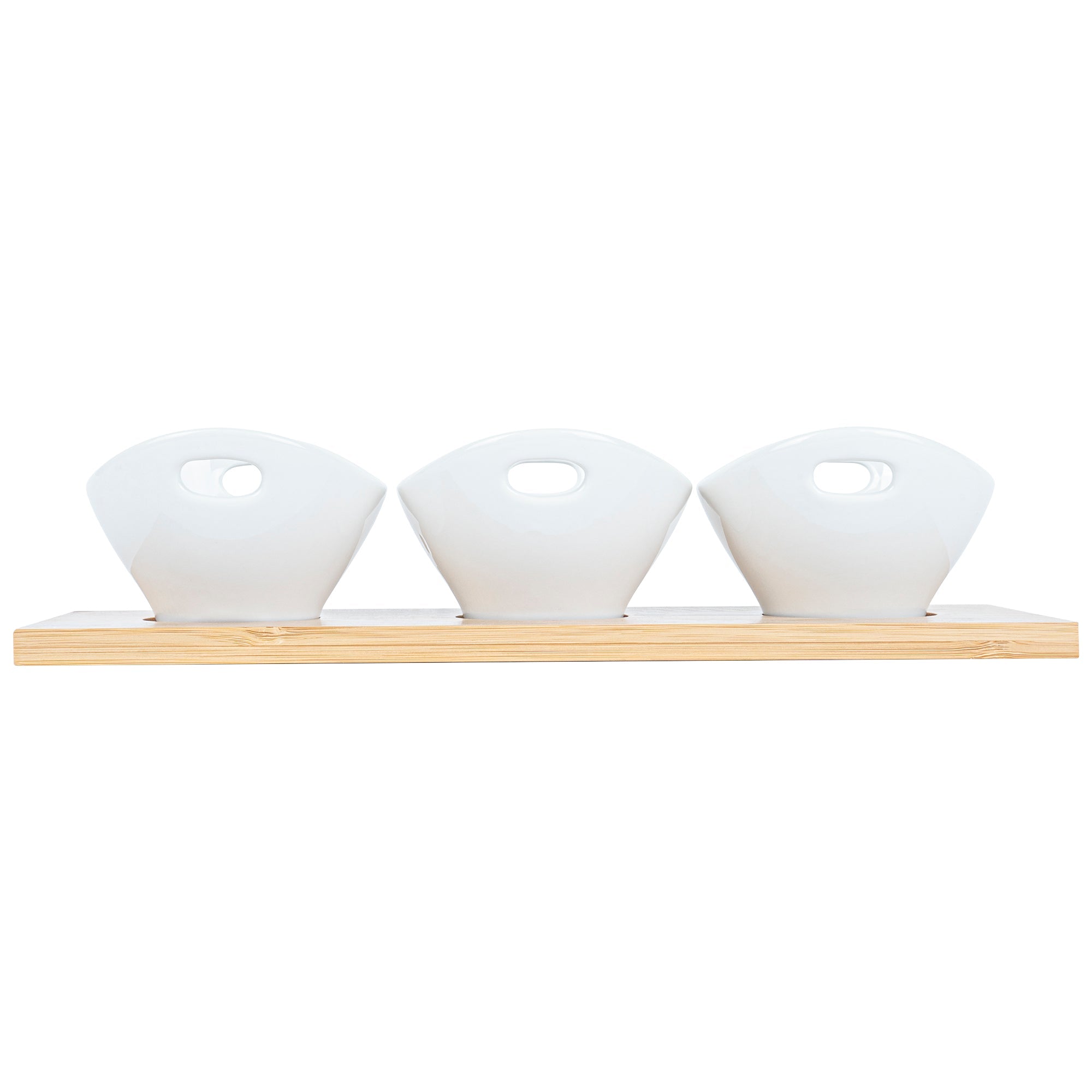 Chef 101 6 oz Rectangle White Porcelain Basket Bowl Set - 3 Bowls, Bamboo Tray - 11 3/4" x 4 1/4" x 2 1/2" - 1 count box