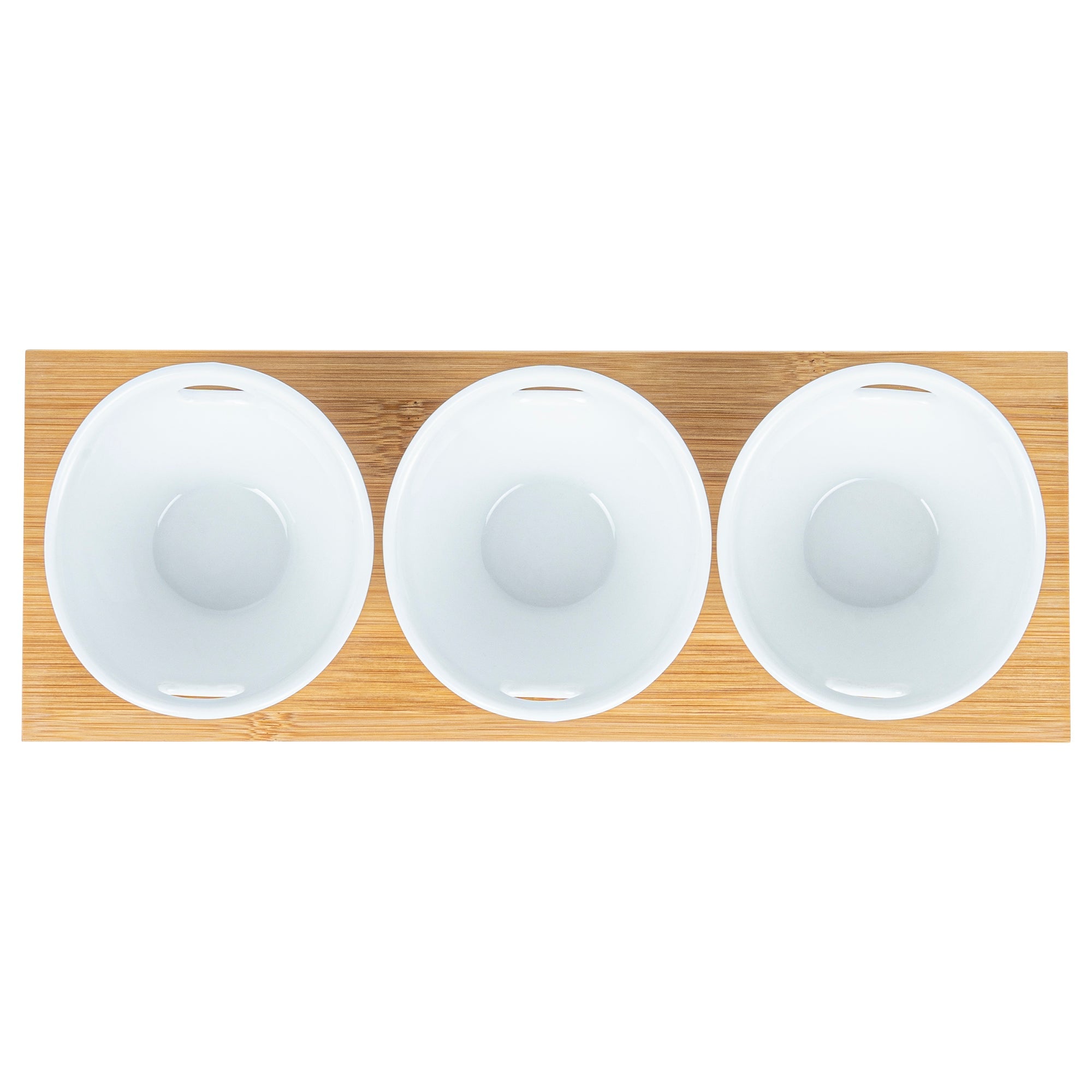 Chef 101 6 oz Rectangle White Porcelain Basket Bowl Set - 3 Bowls, Bamboo Tray - 11 3/4" x 4 1/4" x 2 1/2" - 1 count box
