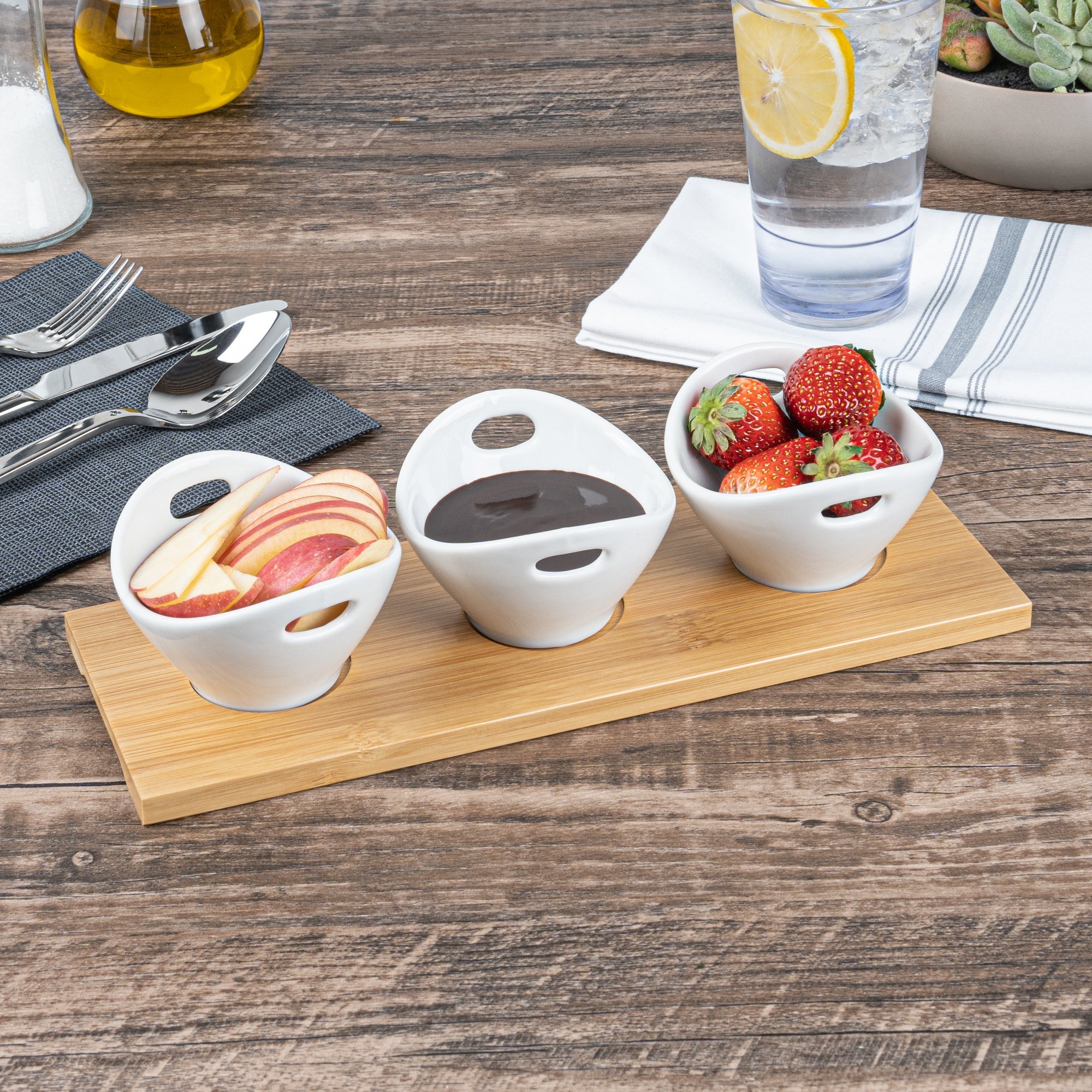 Chef 101 6 oz Rectangle White Porcelain Basket Bowl Set - 3 Bowls, Bamboo Tray - 11 3/4" x 4 1/4" x 2 1/2" - 1 count box