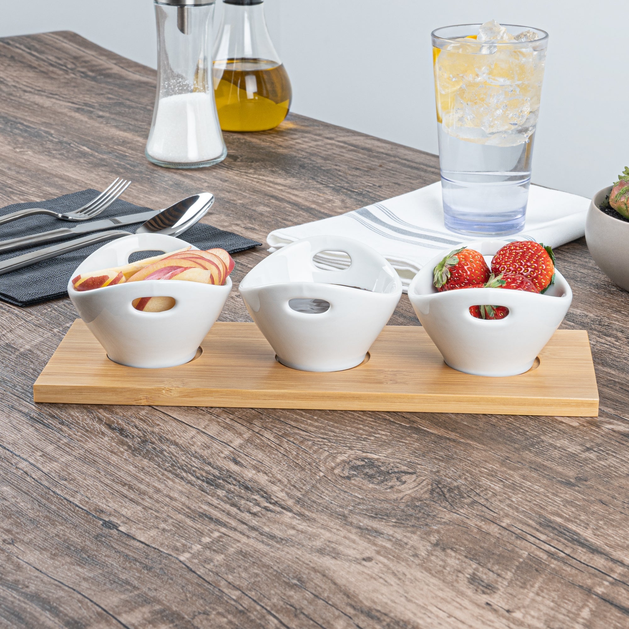 Chef 101 6 oz Rectangle White Porcelain Basket Bowl Set - 3 Bowls, Bamboo Tray - 11 3/4" x 4 1/4" x 2 1/2" - 1 count box