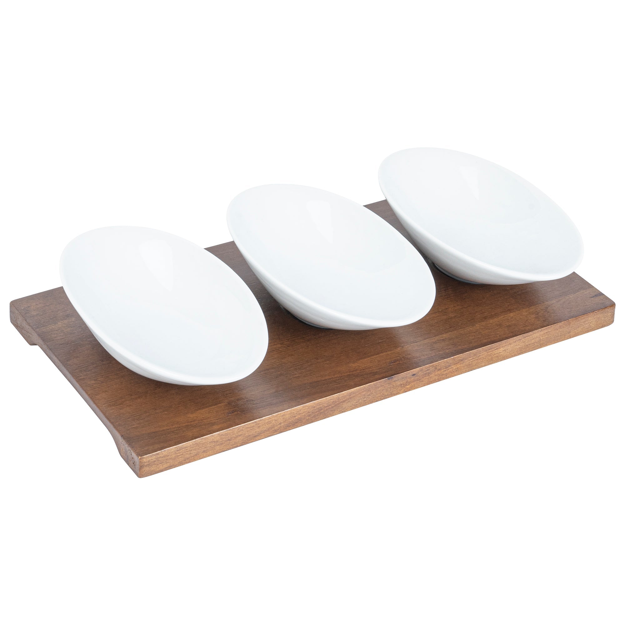 Chef 101 9 oz Rectangle White Porcelain Ellipse Bowl Set - 3 Bowls, Bamboo Tray - 10 1/4" x 5 1/2" x 1 1/2" - 1 count box